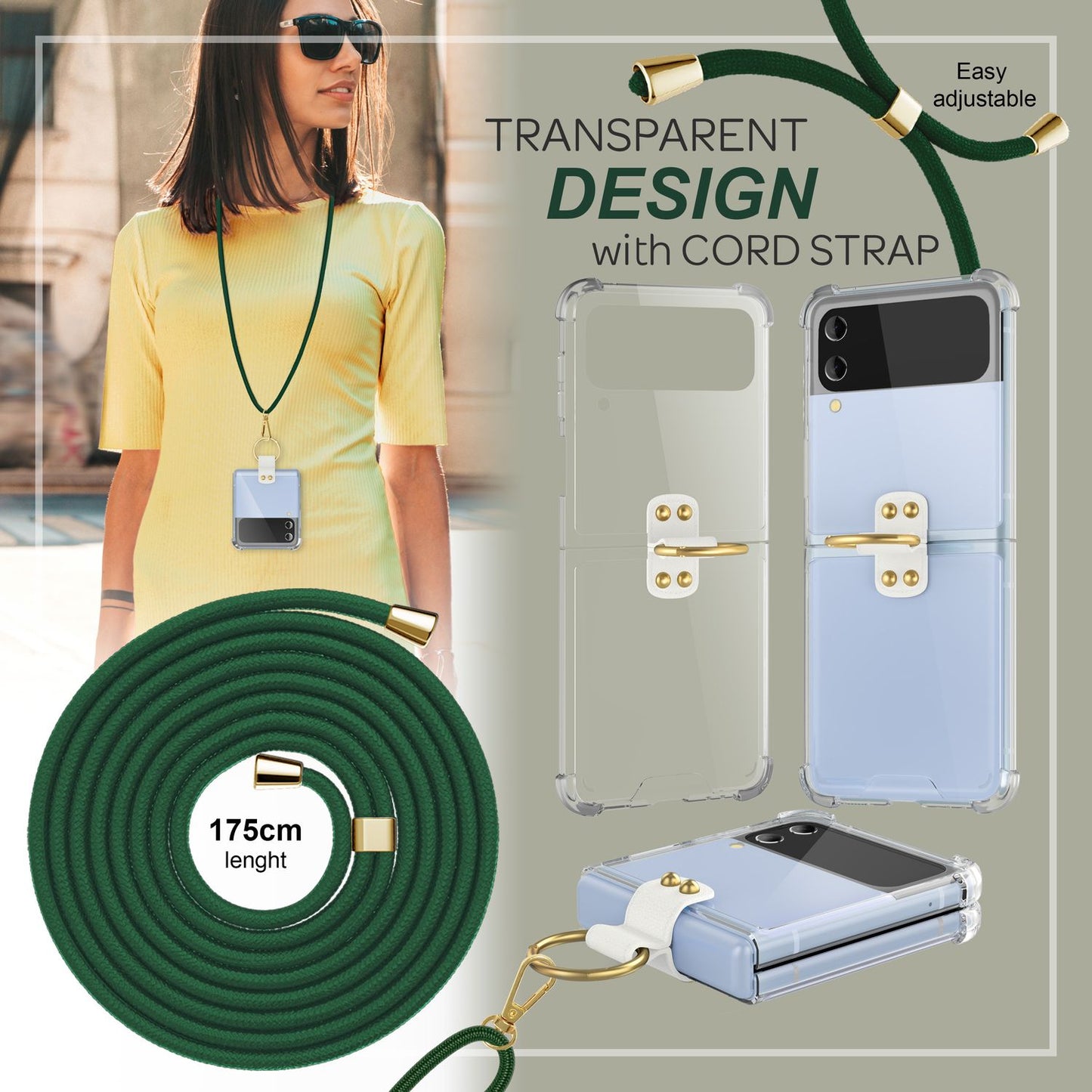 NALIA Klare Handyhülle mit Kette kompatibel mit Samsung Galaxy Z Flip4 Hülle, Transparente Schutzhülle mit Ring & Handy-Schnur zum Umhängen, Robuste Harte Rückseite & Silikon-Rand