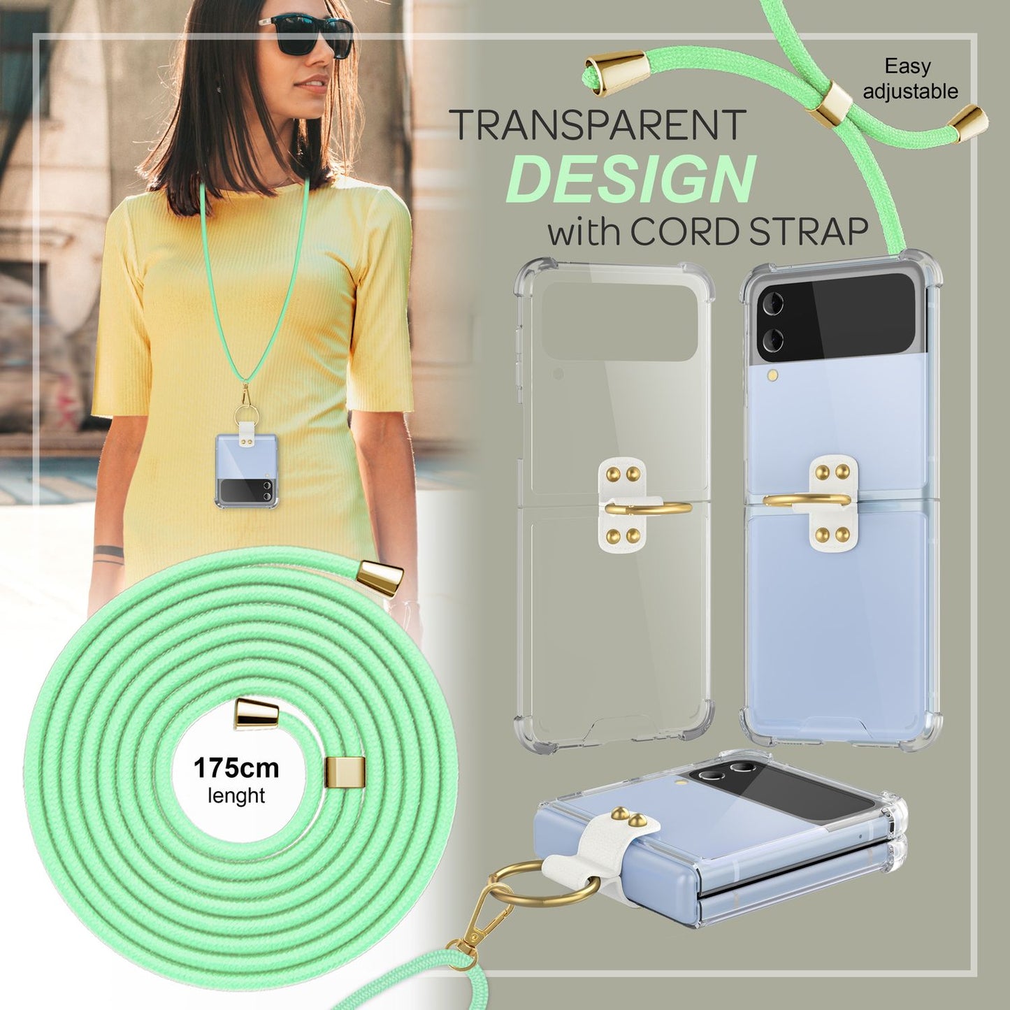 NALIA Klare Handyhülle mit Kette kompatibel mit Samsung Galaxy Z Flip4 Hülle, Transparente Schutzhülle mit Ring & Handy-Schnur zum Umhängen, Robuste Harte Rückseite & Silikon-Rand