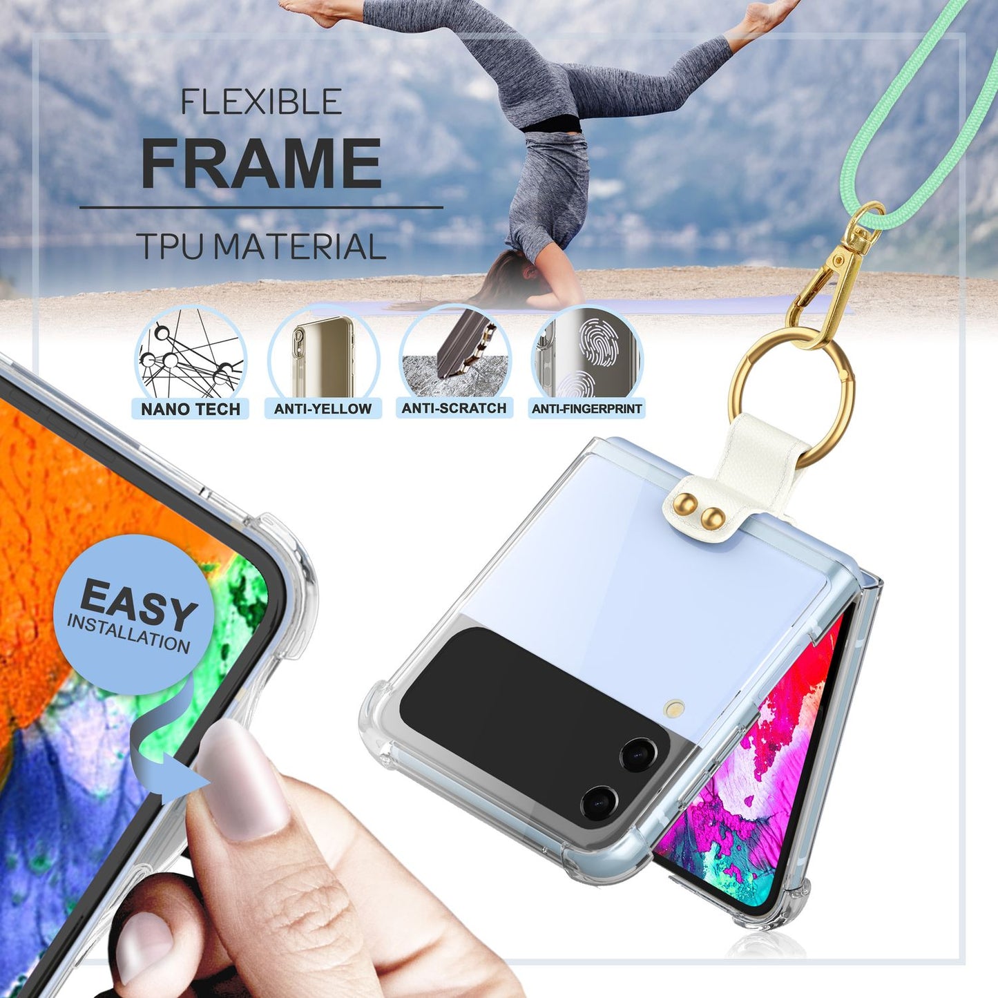 NALIA Klare Handyhülle mit Kette kompatibel mit Samsung Galaxy Z Flip4 Hülle, Transparente Schutzhülle mit Ring & Handy-Schnur zum Umhängen, Robuste Harte Rückseite & Silikon-Rand