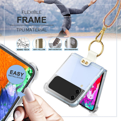 NALIA Klare Handyhülle mit Kette kompatibel mit Samsung Galaxy Z Flip4 Hülle, Transparente Schutzhülle mit Ring & Handy-Schnur zum Umhängen, Robuste Harte Rückseite & Silikon-Rand