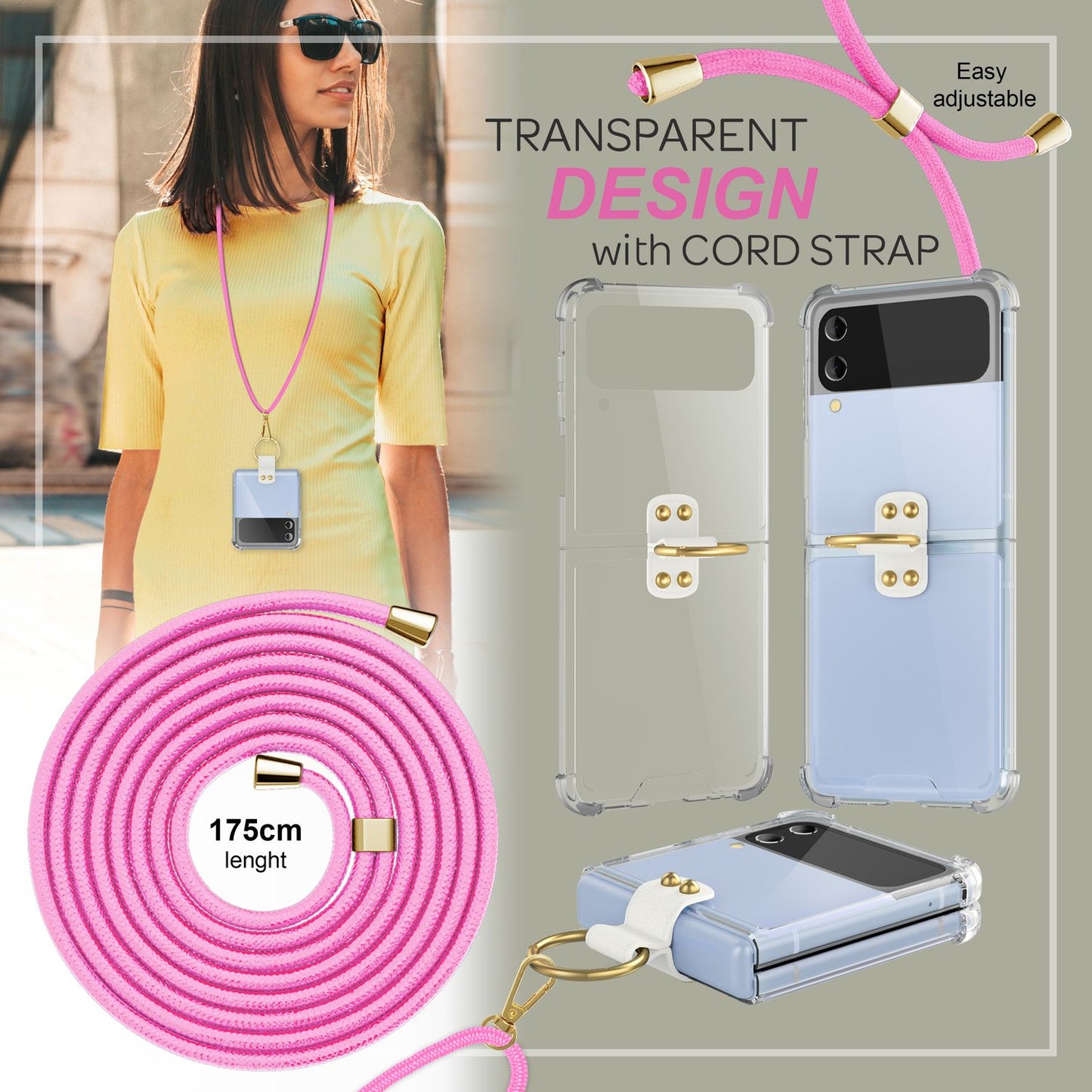 NALIA Klare Handyhülle mit Kette kompatibel mit Samsung Galaxy Z Flip4 Hülle, Transparente Schutzhülle mit Ring & Handy-Schnur zum Umhängen, Robuste Harte Rückseite & Silikon-Rand