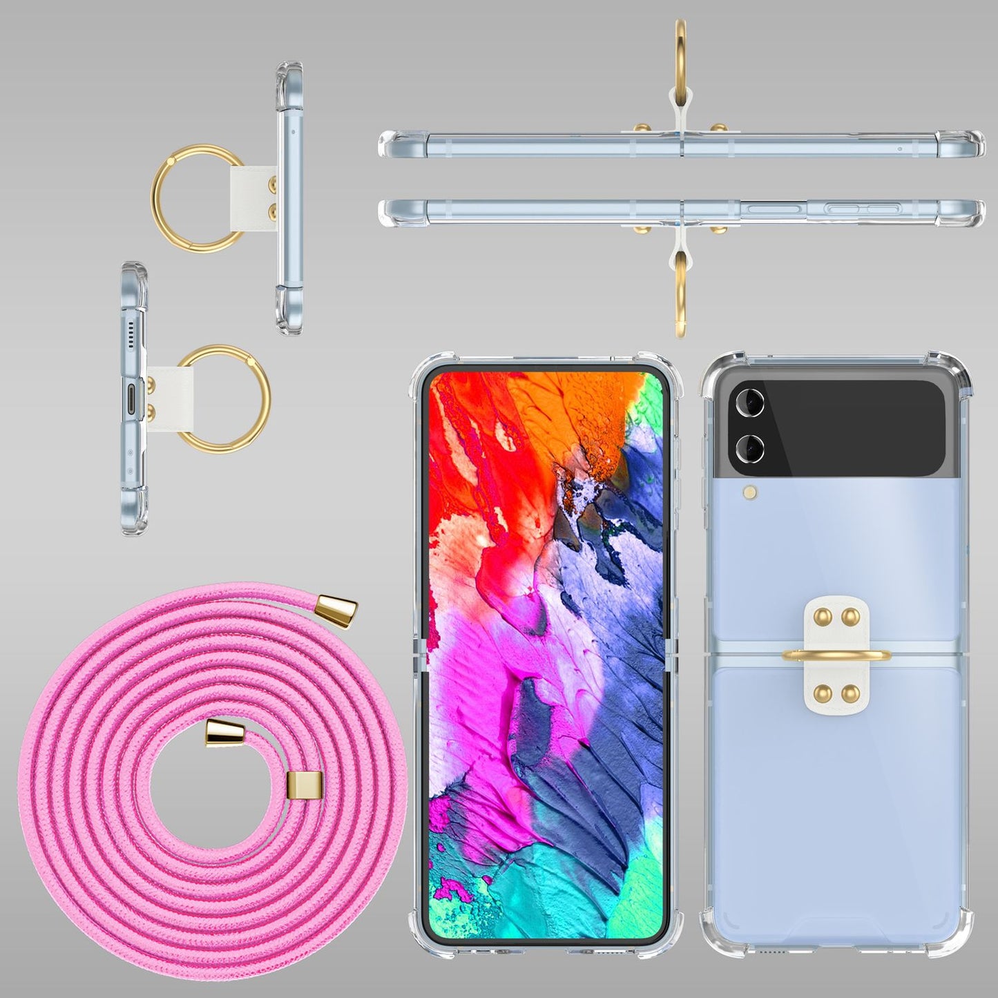 NALIA Klare Handyhülle mit Kette kompatibel mit Samsung Galaxy Z Flip4 Hülle, Transparente Schutzhülle mit Ring & Handy-Schnur zum Umhängen, Robuste Harte Rückseite & Silikon-Rand