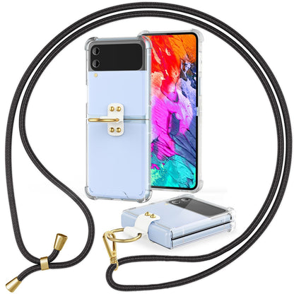 NALIA Klare Handyhülle mit Kette kompatibel mit Samsung Galaxy Z Flip4 Hülle, Transparente Schutzhülle mit Ring & Handy-Schnur zum Umhängen, Robuste Harte Rückseite & Silikon-Rand