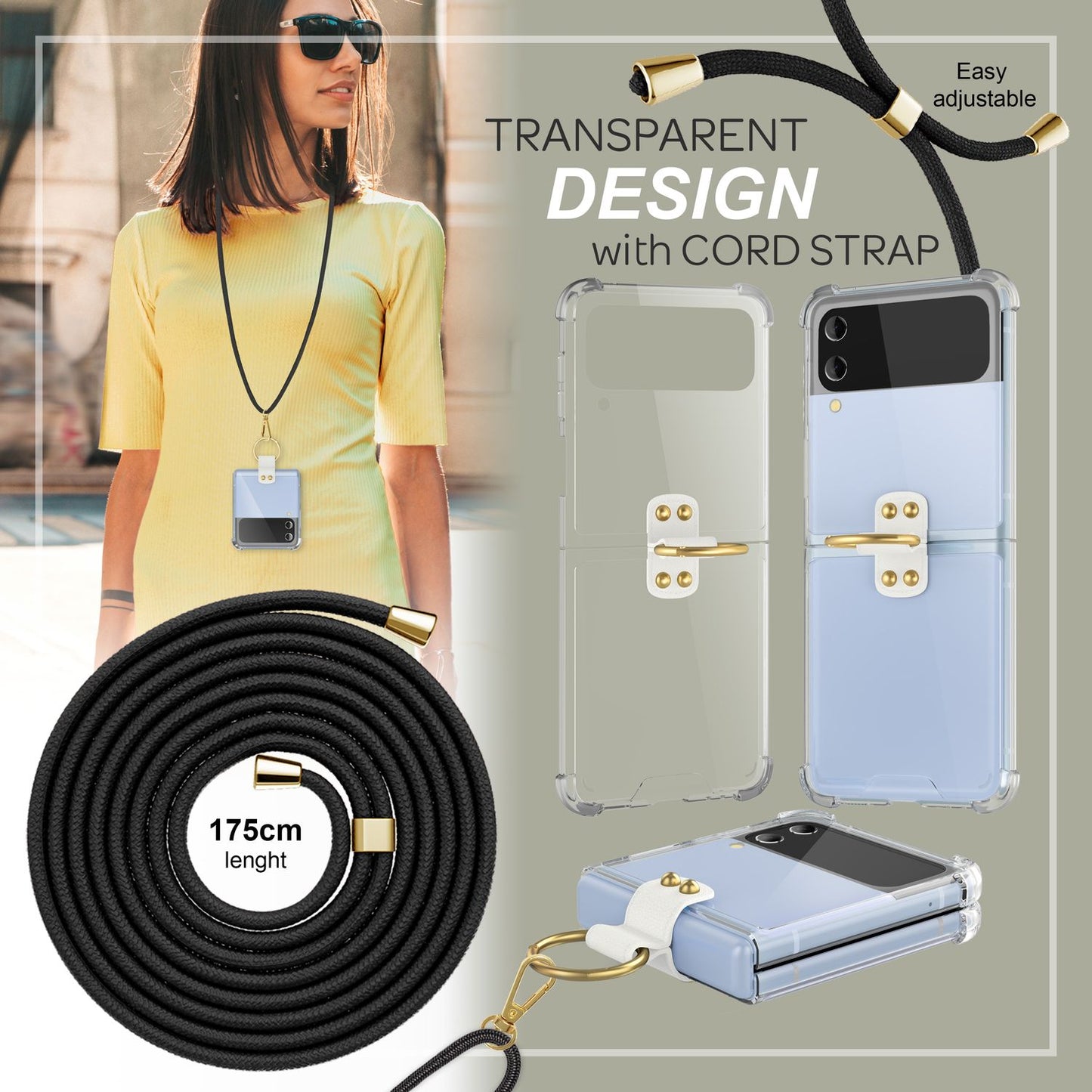 NALIA Klare Handyhülle mit Kette kompatibel mit Samsung Galaxy Z Flip4 Hülle, Transparente Schutzhülle mit Ring & Handy-Schnur zum Umhängen, Robuste Harte Rückseite & Silikon-Rand