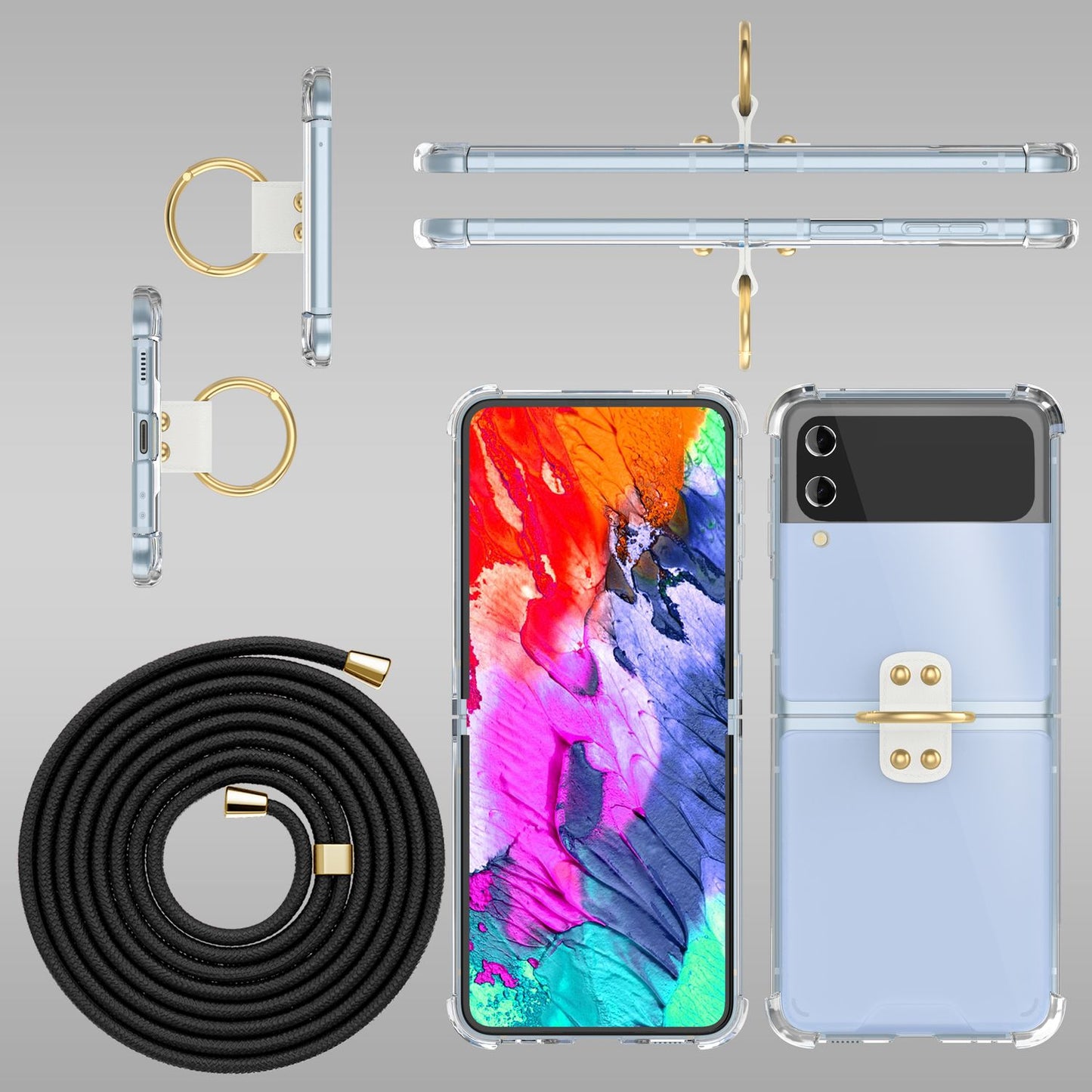 NALIA Klare Handyhülle mit Kette kompatibel mit Samsung Galaxy Z Flip4 Hülle, Transparente Schutzhülle mit Ring & Handy-Schnur zum Umhängen, Robuste Harte Rückseite & Silikon-Rand