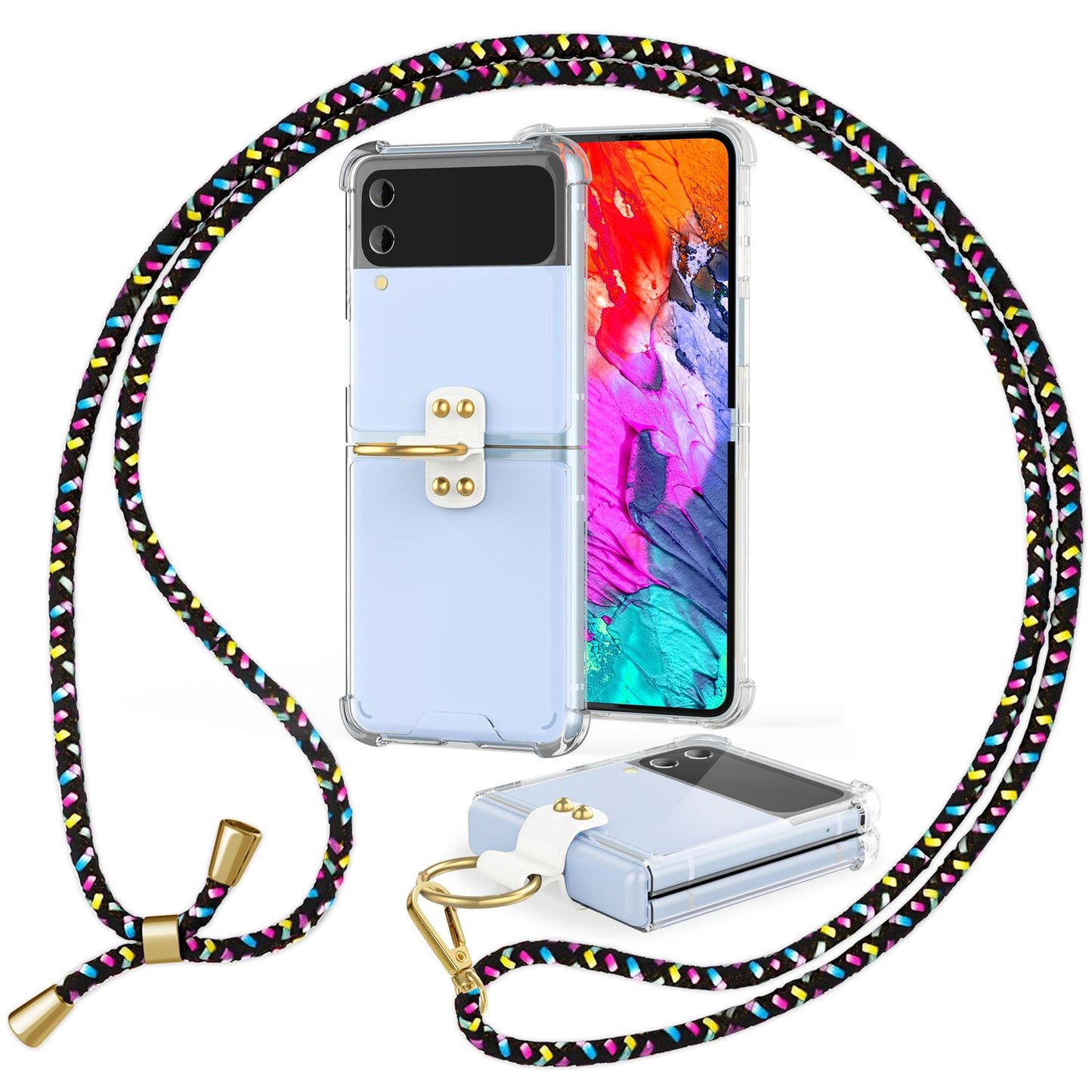 NALIA Klare Handyhülle mit Kette kompatibel mit Samsung Galaxy Z Flip4 Hülle, Transparente Schutzhülle mit Ring & Handy-Schnur zum Umhängen, Robuste Harte Rückseite & Silikon-Rand