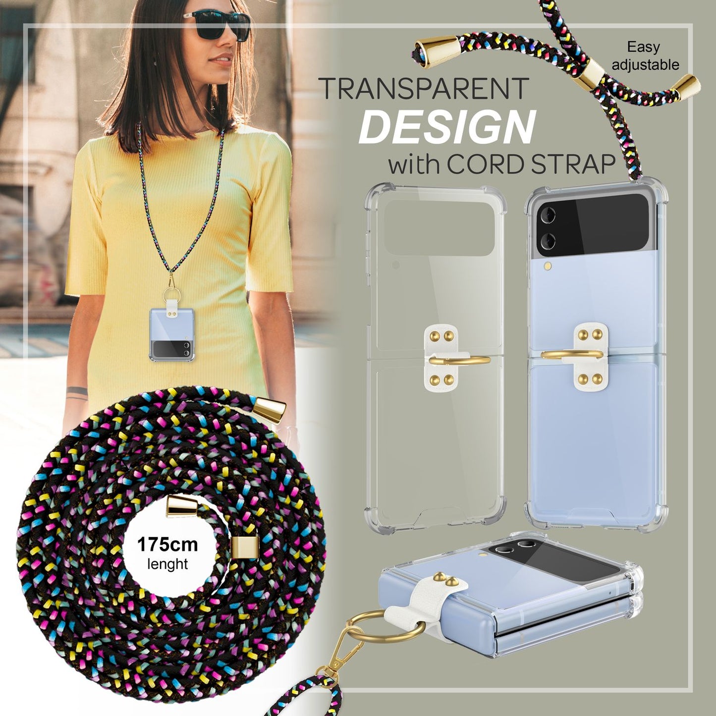 NALIA Klare Handyhülle mit Kette kompatibel mit Samsung Galaxy Z Flip4 Hülle, Transparente Schutzhülle mit Ring & Handy-Schnur zum Umhängen, Robuste Harte Rückseite & Silikon-Rand