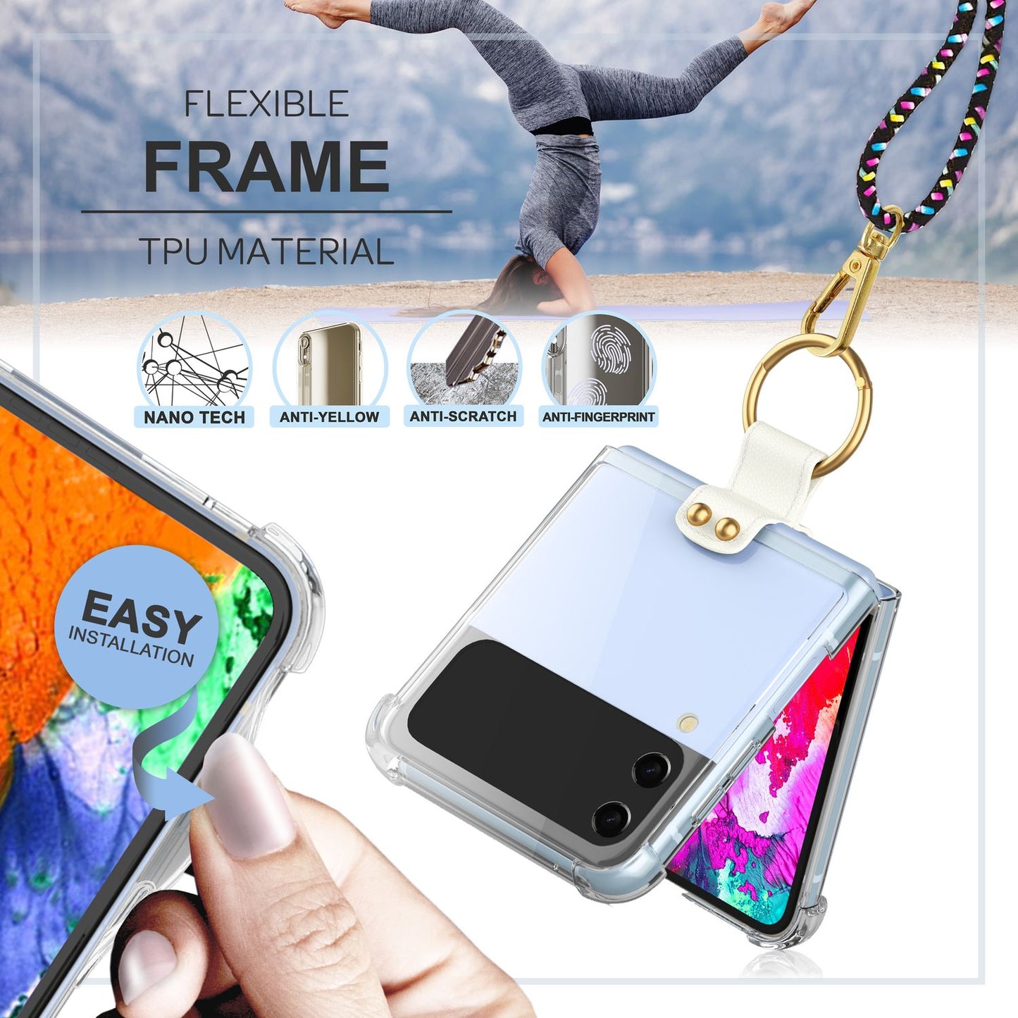 NALIA Klare Handyhülle mit Kette kompatibel mit Samsung Galaxy Z Flip4 Hülle, Transparente Schutzhülle mit Ring & Handy-Schnur zum Umhängen, Robuste Harte Rückseite & Silikon-Rand