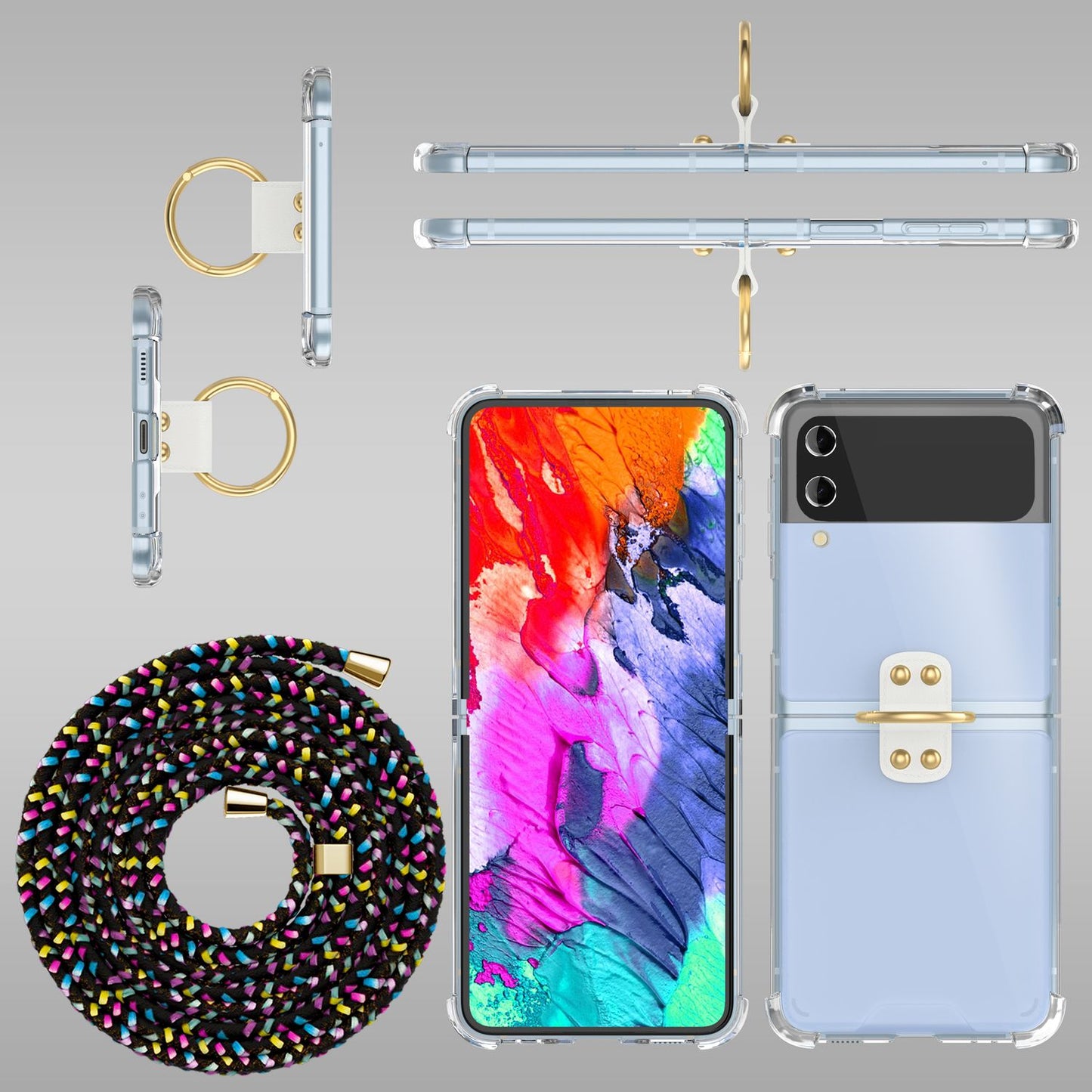 NALIA Klare Handyhülle mit Kette kompatibel mit Samsung Galaxy Z Flip4 Hülle, Transparente Schutzhülle mit Ring & Handy-Schnur zum Umhängen, Robuste Harte Rückseite & Silikon-Rand