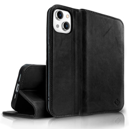 NALIA Echt-Leder Flipcase kompatibel mit iPhone 14 Hülle, Handgefertigt Echtes Rindsleder Schutzhülle mit RFID-Schutz, Kartenfächern & Standfunktion, Lederhülle Handyhülle Etui