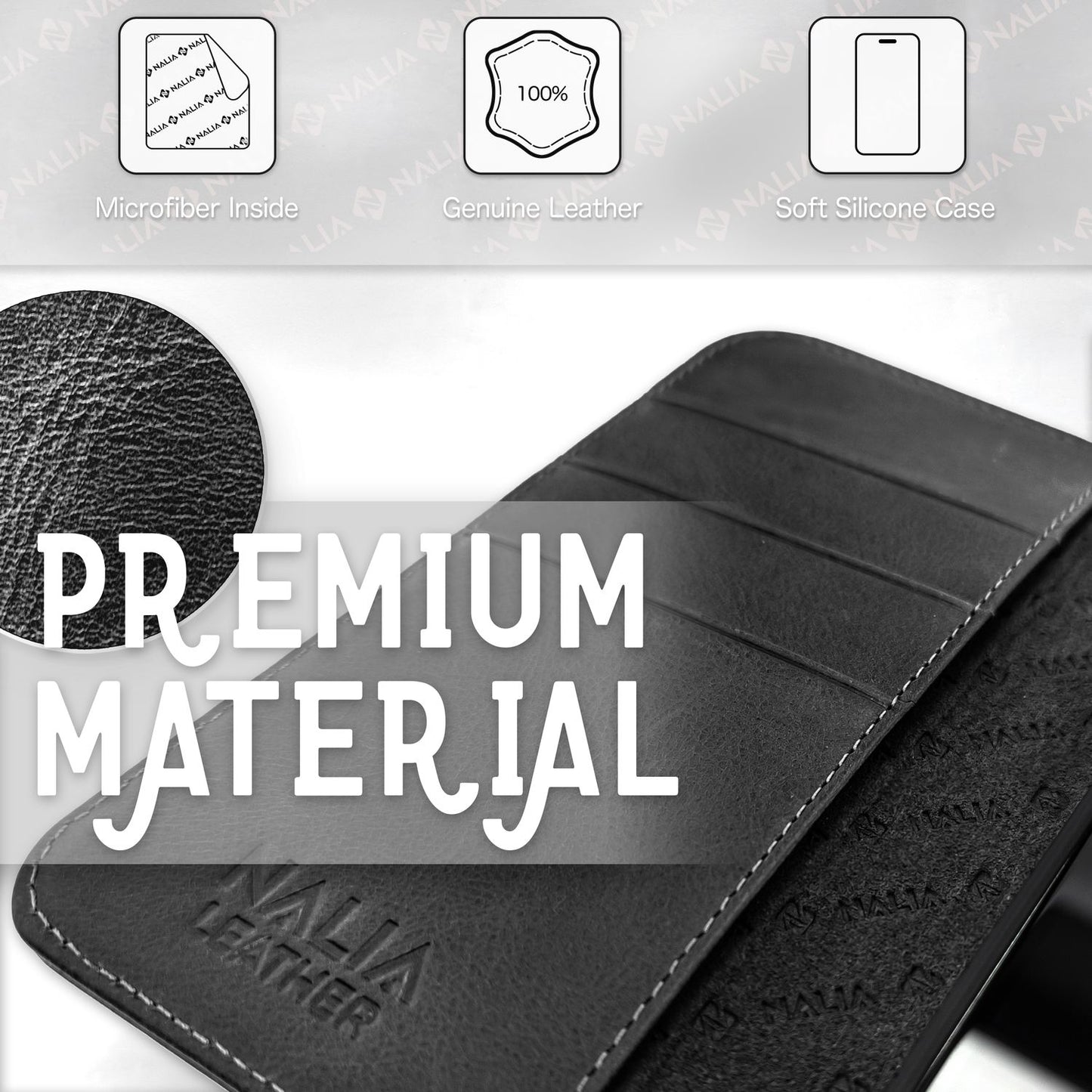 NALIA Echt-Leder Flipcase kompatibel mit iPhone 14 Hülle, Handgefertigt Echtes Rindsleder Schutzhülle mit RFID-Schutz, Kartenfächern & Standfunktion, Lederhülle Handyhülle Etui