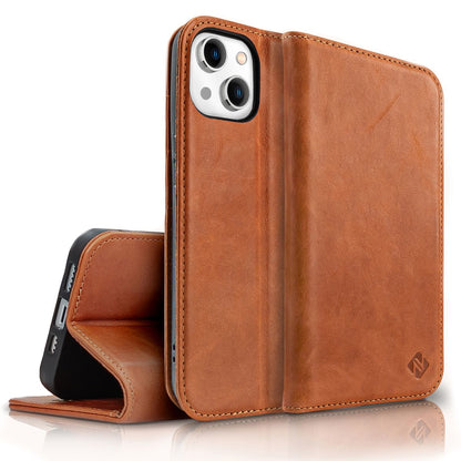 NALIA Echtlederhülle für iPhone 14 Plus – RFID Wallet & Magnet-Verschluss – LEVANTO (Handgefertigte Klapphülle) – Marke aus Berlin