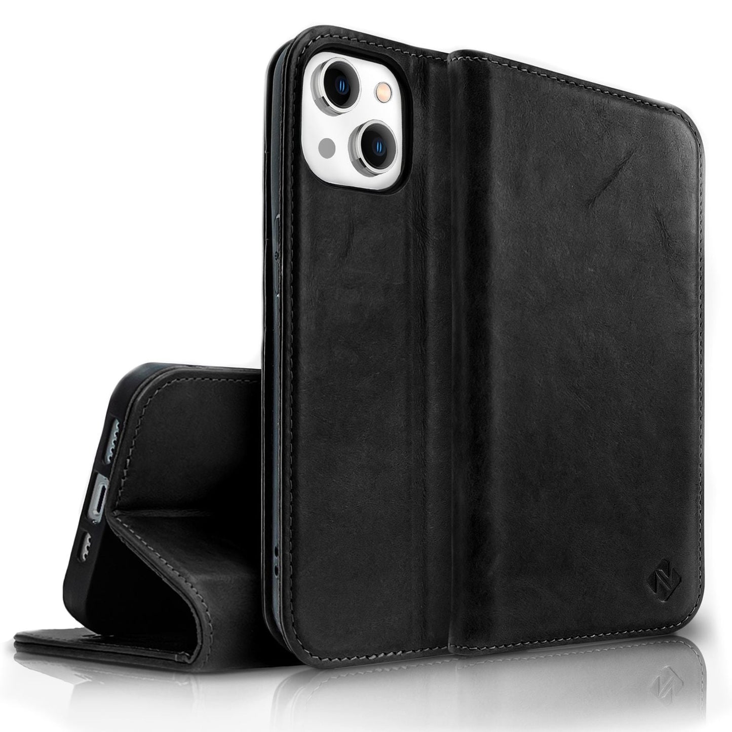 NALIA Echtlederhülle für iPhone 14 Plus – RFID Wallet & Magnet-Verschluss – LEVANTO (Handgefertigte Klapphülle) – Marke aus Berlin