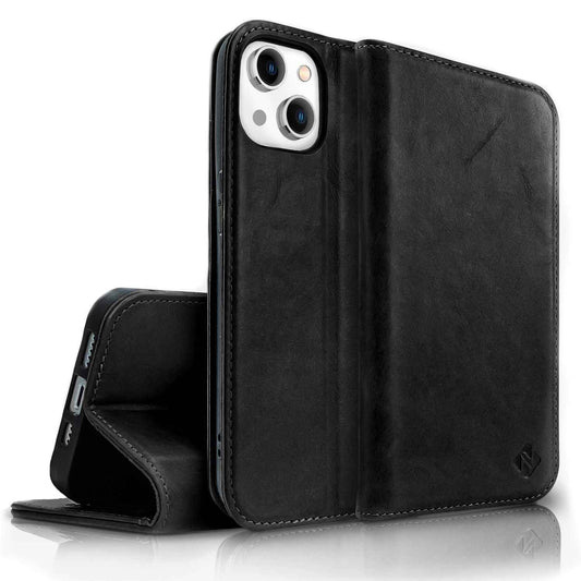 NALIA Echtlederhülle für iPhone 14 Plus – RFID Wallet & Magnet-Verschluss – LEVANTO (Handgefertigte Klapphülle) – Marke aus Berlin