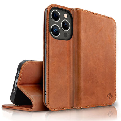 NALIA Echtlederhülle für iPhone 14 Pro – RFID Wallet & Magnet-Verschluss – LEVANTO (Handgefertigte Klapphülle) – Marke aus Berlin