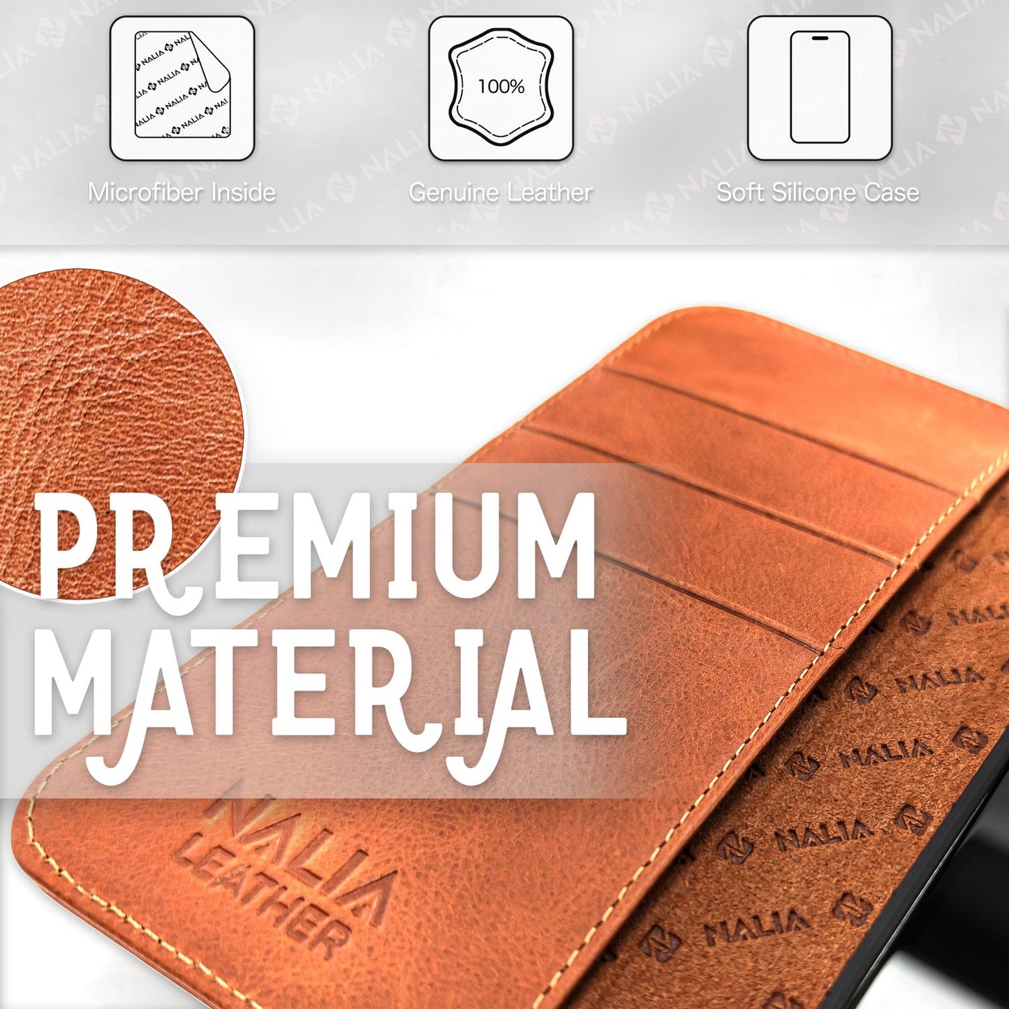 NALIA Echtlederhülle für iPhone 14 Pro – RFID Wallet & Magnet-Verschluss – LEVANTO (Handgefertigte Klapphülle) – Marke aus Berlin