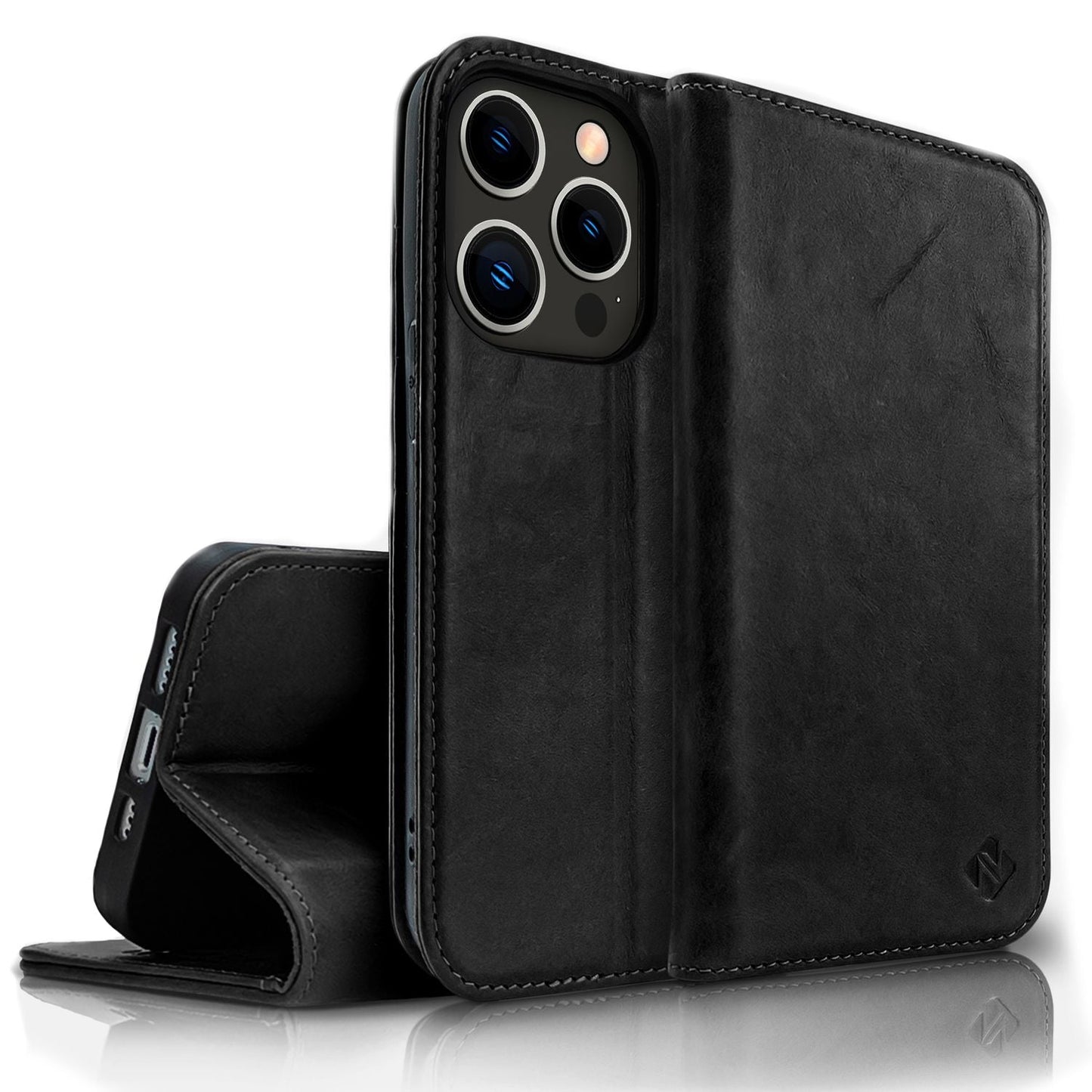 NALIA Echtlederhülle für iPhone 14 Pro – RFID Wallet & Magnet-Verschluss – LEVANTO (Handgefertigte Klapphülle) – Marke aus Berlin