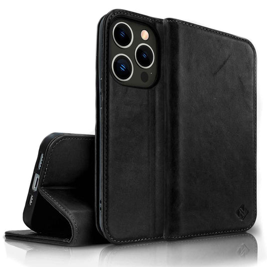 NALIA Echtlederhülle für iPhone 14 Pro – RFID Wallet & Magnet-Verschluss – LEVANTO (Handgefertigte Klapphülle) – Marke aus Berlin