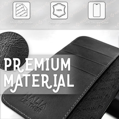 NALIA Echtlederhülle für iPhone 14 Pro – RFID Wallet & Magnet-Verschluss – LEVANTO (Handgefertigte Klapphülle) – Marke aus Berlin