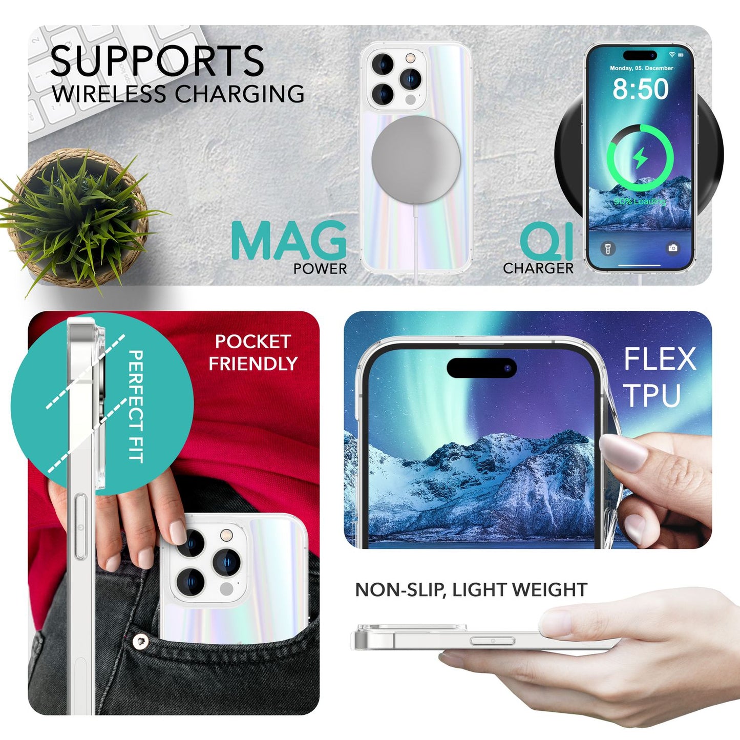 NALIA Transparente Glashülle für iPhone 14 Pro Max – Holografischer Prisma-Effekt (Regenbogen Schimmer) – 9H Hartglas & Anti-Gelb – AURORA – Marke aus Berlin