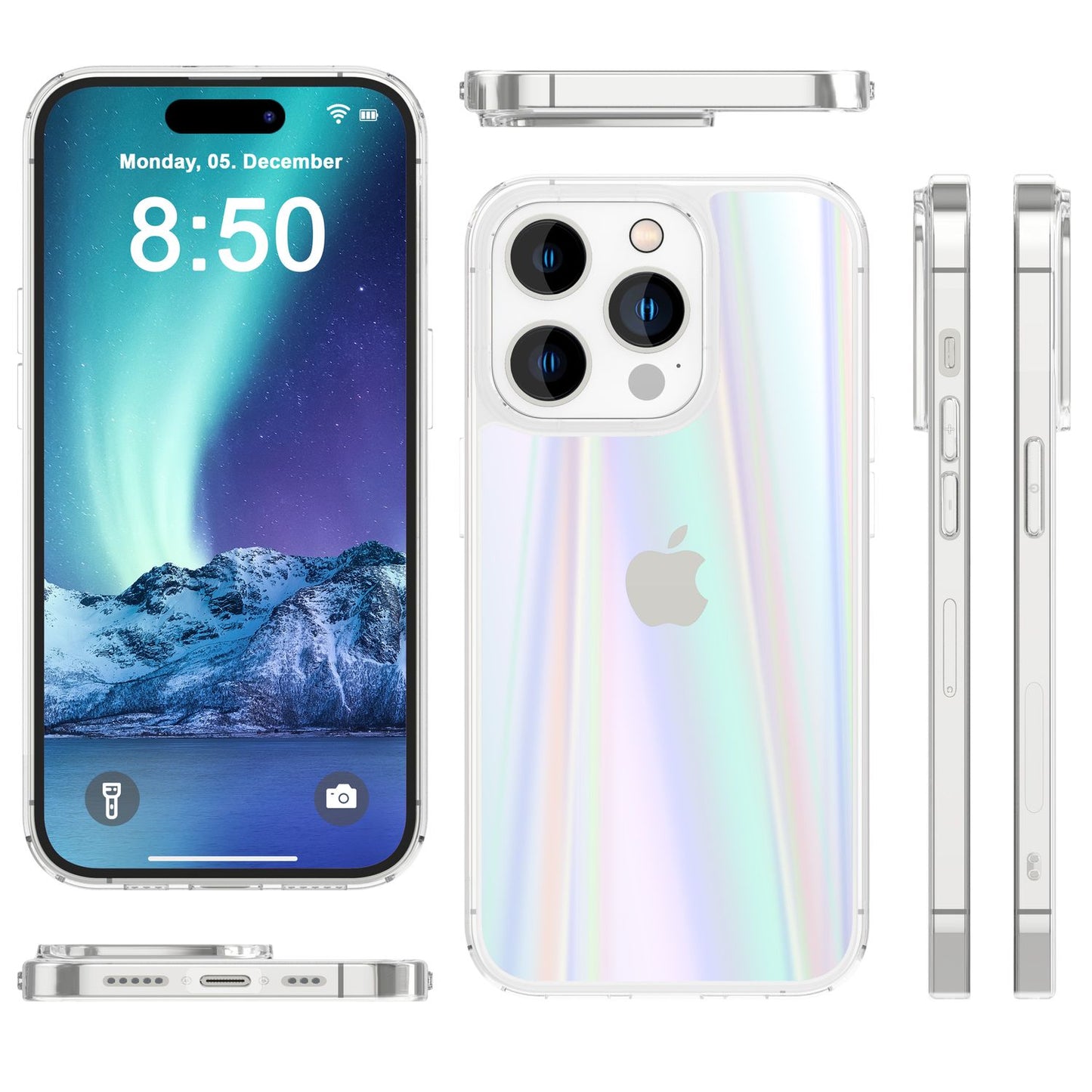 NALIA Transparente Glashülle für iPhone 14 Pro Max – Holografischer Prisma-Effekt (Regenbogen Schimmer) – 9H Hartglas & Anti-Gelb – AURORA – Marke aus Berlin