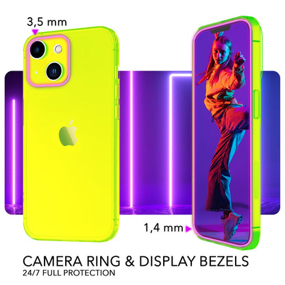 NALIA Neon Silikonhülle für iPhone 14 Plus – Knallige Signal-Farbe & Linsenschutz – VIBE (Transparentes Case) – Marke aus Berlin