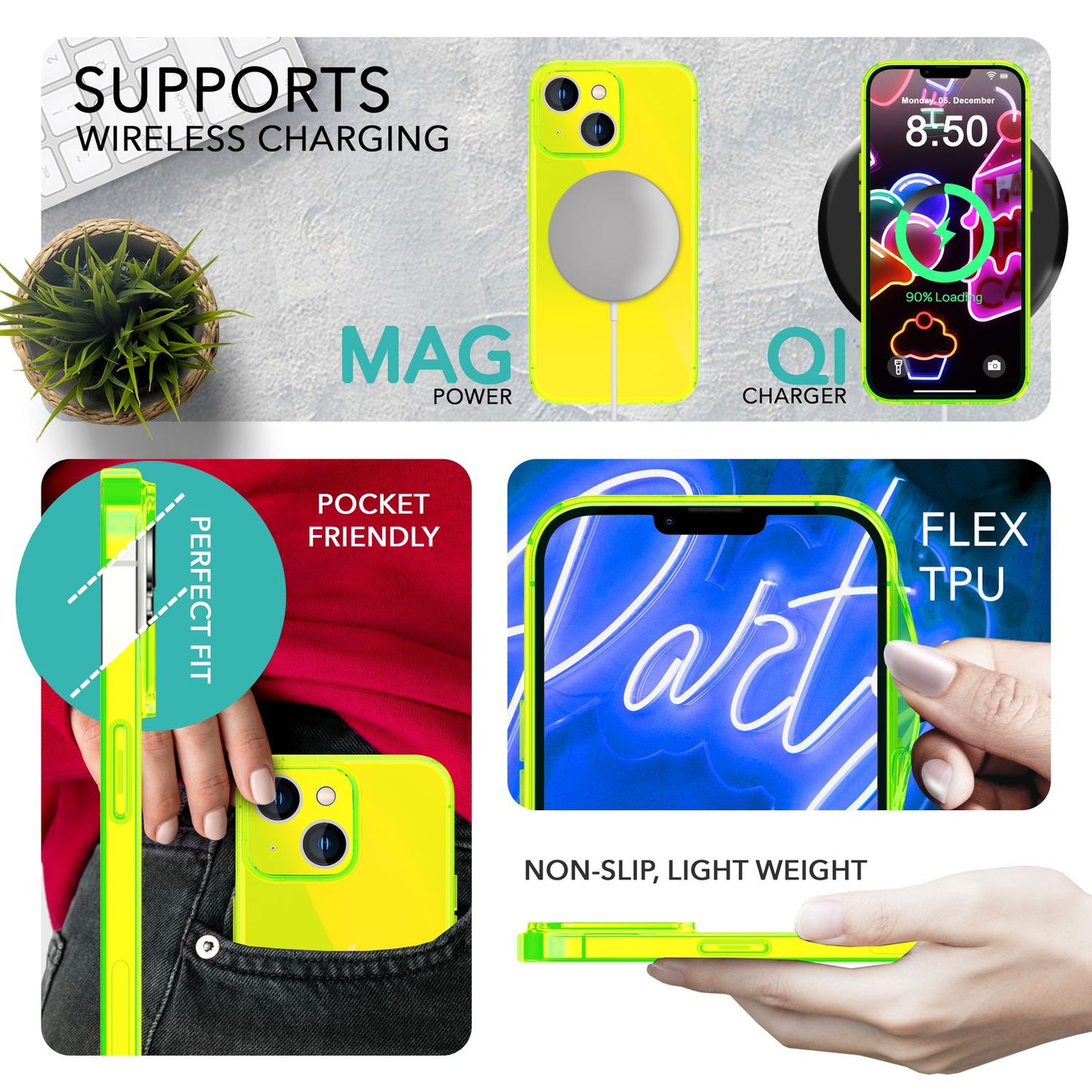 NALIA Neon Silikonhülle für iPhone 14 Plus – Knallige Signal-Farbe & Linsenschutz – VIBE (Transparentes Case) – Marke aus Berlin