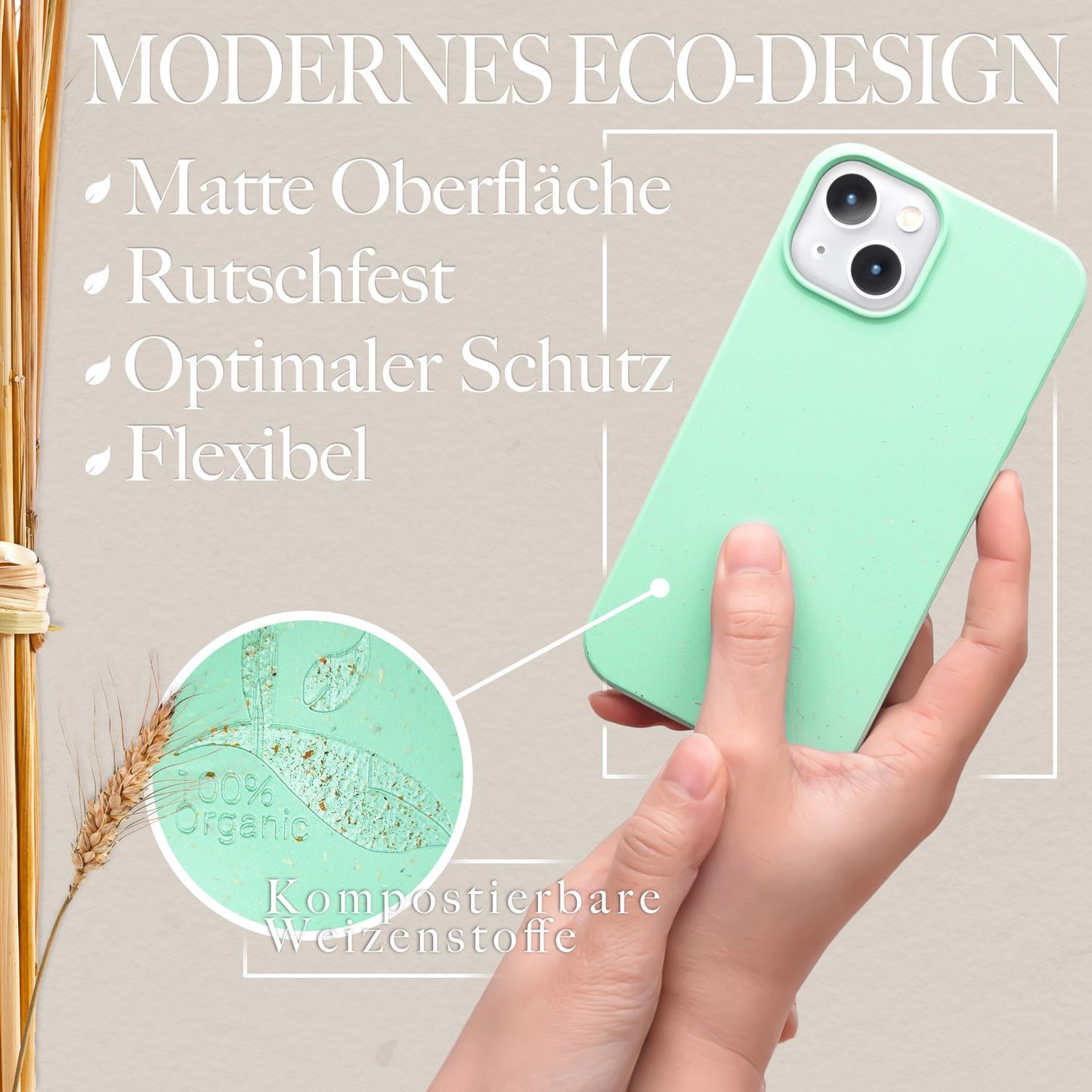 NALIA Handyhülle für iPhone 14 Plus – MagSafe kompatibel & Weizenstroh-Mix – ECOFIT (Pflanzenbasiert, Rutschfest & Matt) – Marke aus Berlin
