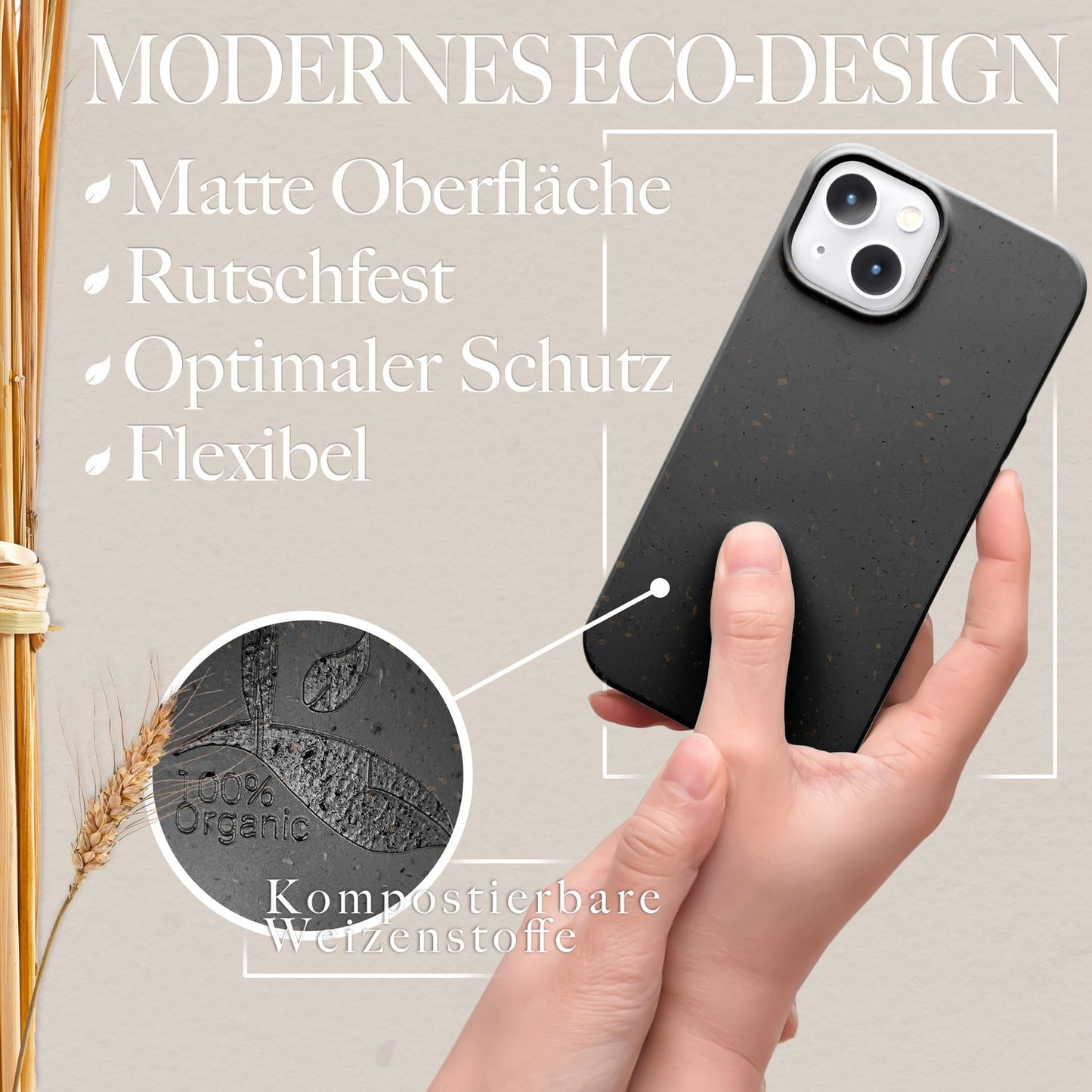 NALIA Handyhülle für iPhone 14 – Weizenstroh Case (Pflanzenbasiert) – BIOVERA – Matt & Stoßfest (Vegan) – Marke aus Berlin