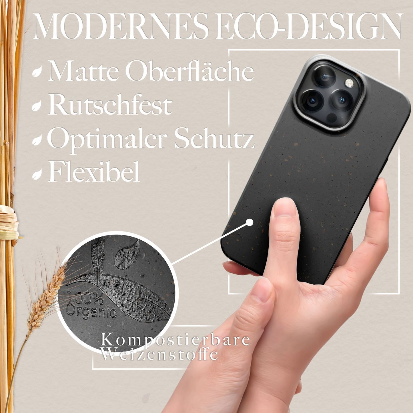 NALIA Handyhülle für iPhone 14 Pro – Weizenstroh Case (Pflanzenbasiert) – BIOVERA – Matt & Stoßfest (Vegan) – Marke aus Berlin