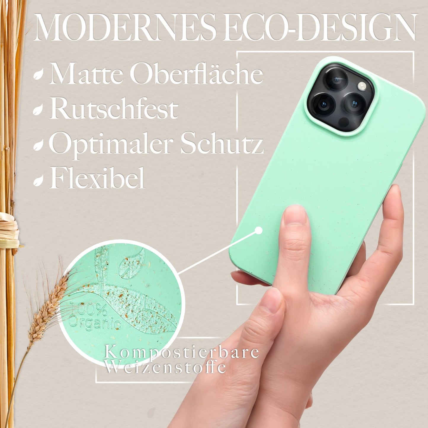 NALIA Handyhülle für iPhone 14 Pro Max – Weizenstroh Case (Pflanzenbasiert) – BIOVERA – Matt & Stoßfest (Vegan) – Marke aus Berlin