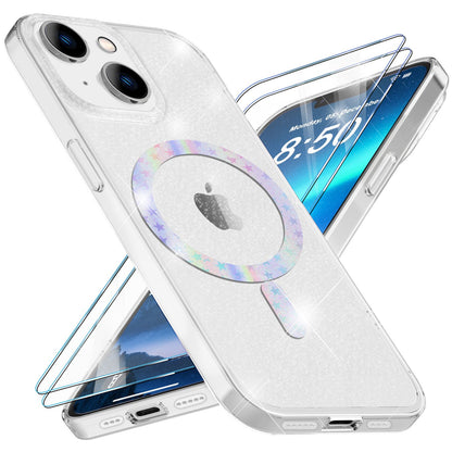 NALIA Magnet Glitzerhülle für iPhone 14 – MagSafe kompatibel & 2x Schutzglas – BLYZE (Anti-Gelb Hardcase & Silikon Bumper) – Marke aus Berlin