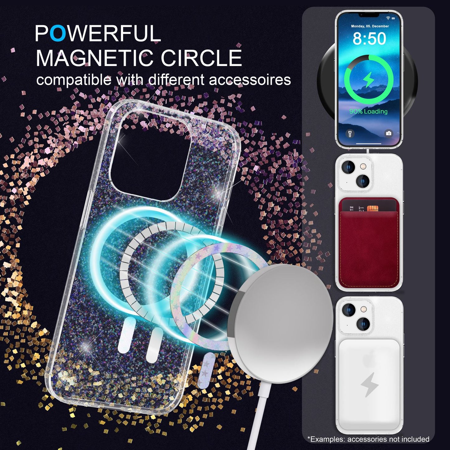 NALIA Magnet Glitzerhülle für iPhone 14 – MagSafe kompatibel & 2x Schutzglas – BLYZE (Anti-Gelb Hardcase & Silikon Bumper) – Marke aus Berlin