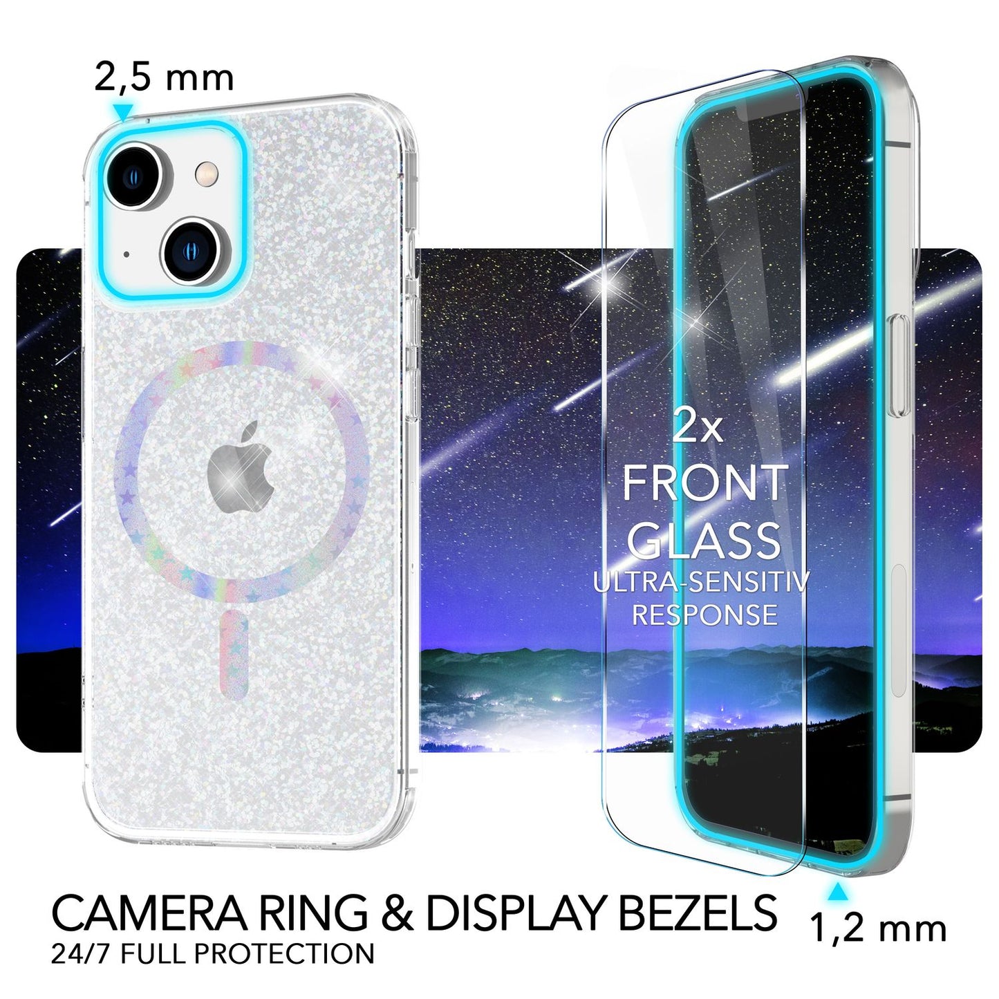 NALIA Magnet Glitzerhülle für iPhone 14 – MagSafe kompatibel & 2x Schutzglas – BLYZE (Anti-Gelb Hardcase & Silikon Bumper) – Marke aus Berlin