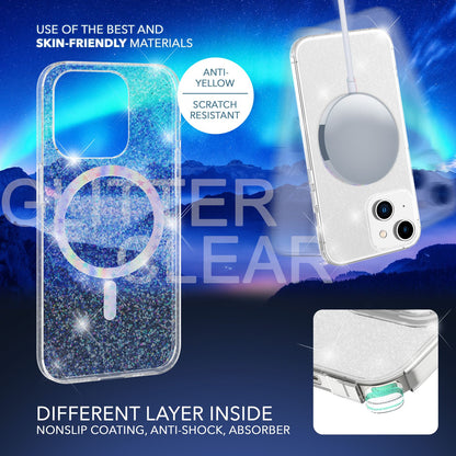 NALIA Magnet Glitzerhülle für iPhone 14 – MagSafe kompatibel & 2x Schutzglas – BLYZE (Anti-Gelb Hardcase & Silikon Bumper) – Marke aus Berlin