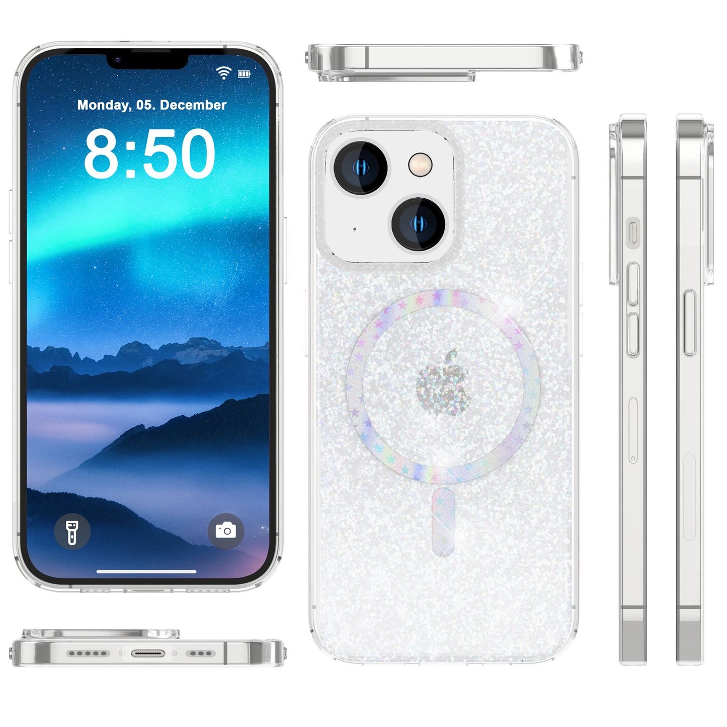 NALIA Magnet Glitzerhülle für iPhone 14 – MagSafe kompatibel & 2x Schutzglas – BLYZE (Anti-Gelb Hardcase & Silikon Bumper) – Marke aus Berlin