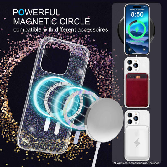 NALIA Magnet Glitzerhülle für iPhone 14 Pro – MagSafe kompatibel & 2x Schutzglas – BLYZE (Anti-Gelb Hardcase & Silikon Bumper) – Marke aus Berlin