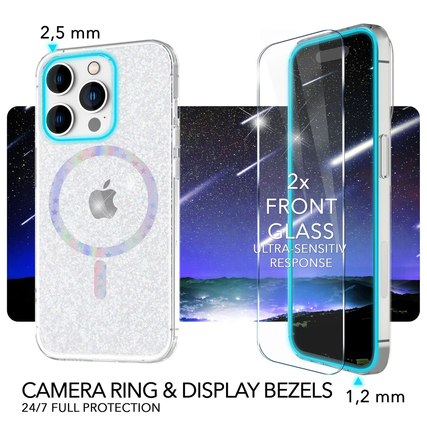 NALIA Magnet Glitzerhülle für iPhone 14 Pro – MagSafe kompatibel & 2x Schutzglas – BLYZE (Anti-Gelb Hardcase & Silikon Bumper) – Marke aus Berlin