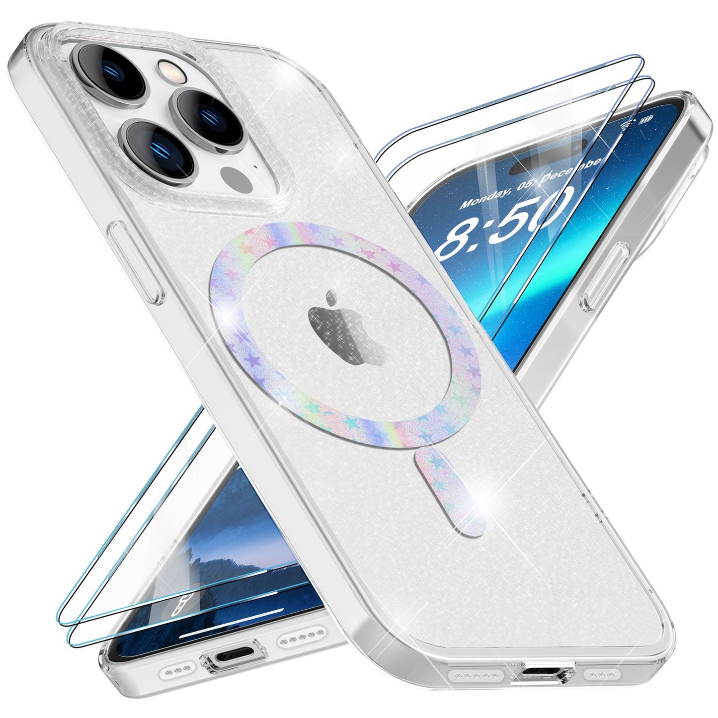 NALIA Magnet Glitzerhülle für iPhone 14 Pro Max – MagSafe kompatibel & 2x Schutzglas – BLYZE (Anti-Gelb Hardcase & Silikon Bumper) – Marke aus Berlin