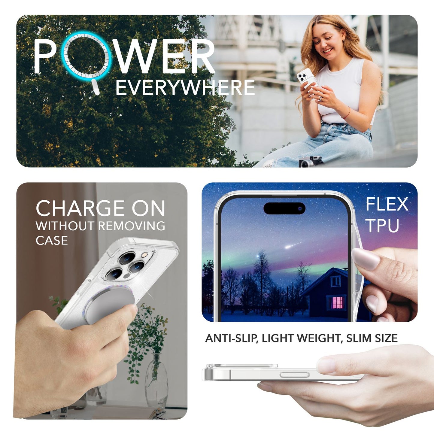 NALIA Magnet Glitzerhülle für iPhone 14 Pro Max – MagSafe kompatibel & 2x Schutzglas – BLYZE (Anti-Gelb Hardcase & Silikon Bumper) – Marke aus Berlin