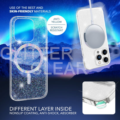 NALIA Magnet Glitzerhülle für iPhone 14 Pro Max – MagSafe kompatibel & 2x Schutzglas – BLYZE (Anti-Gelb Hardcase & Silikon Bumper) – Marke aus Berlin
