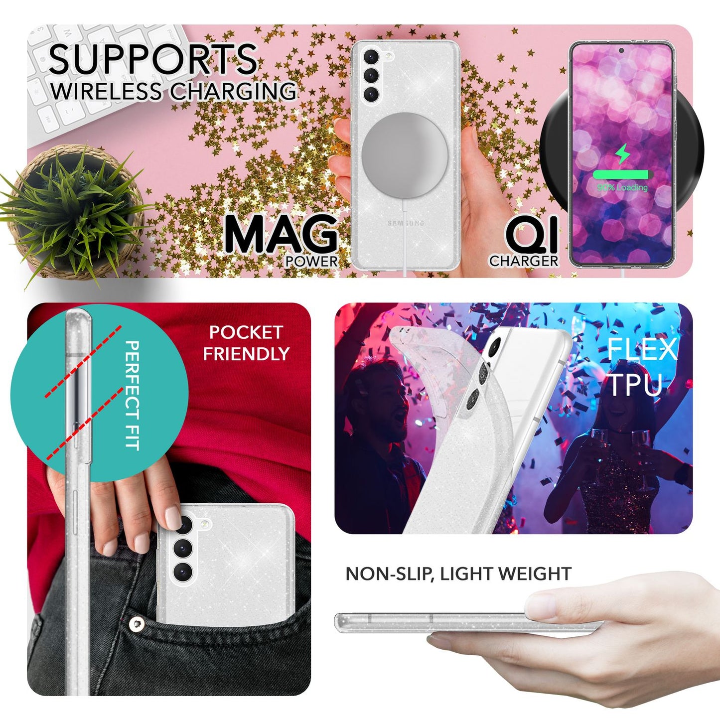 NALIA Glitzerhülle für Samsung Galaxy S23 – Funkelndes Silikon Case – DAZZLIN (Transparent & Stoßfest) – Marke aus Berlin