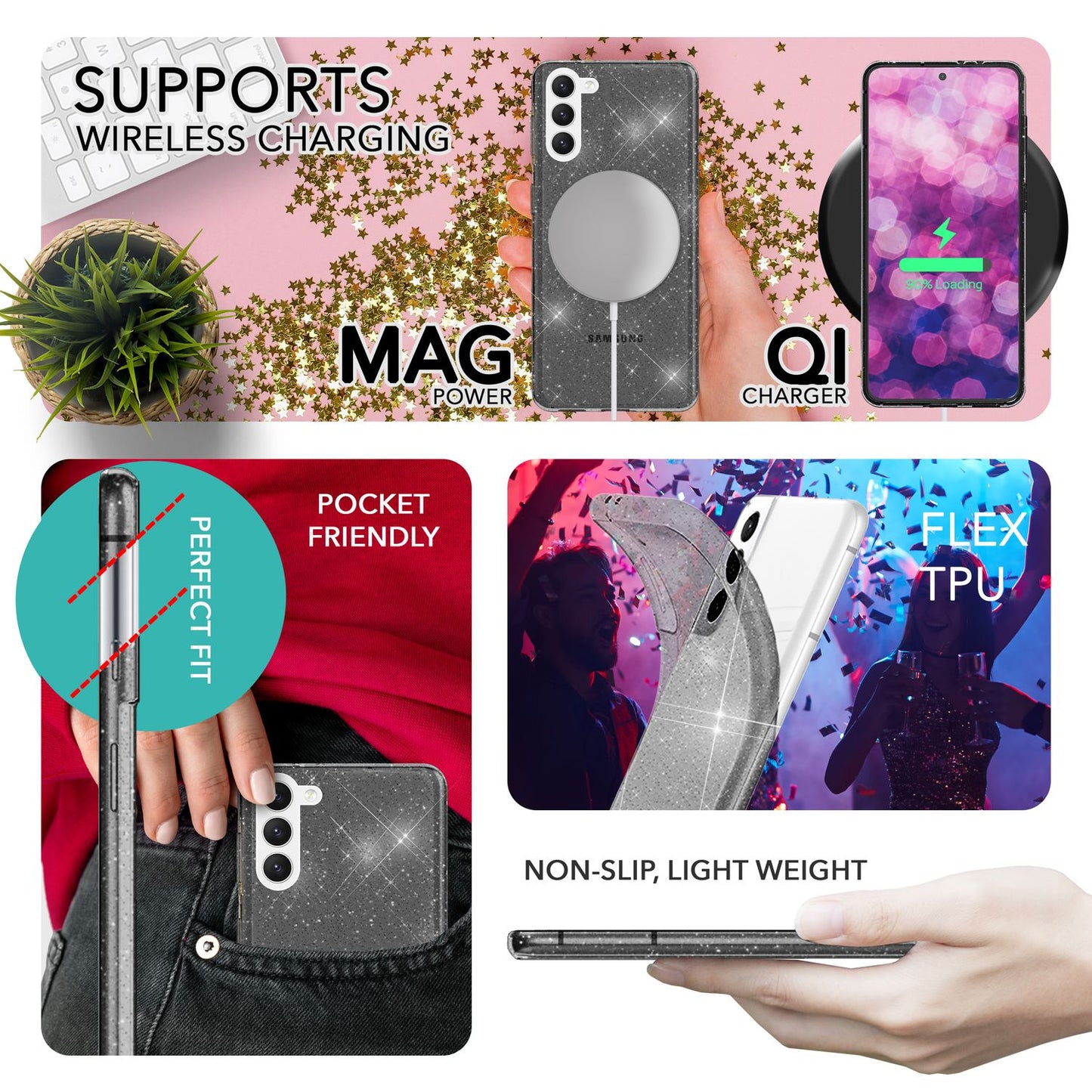 NALIA Glitzerhülle für Samsung Galaxy S23 – Funkelndes Silikon Case – DAZZLIN (Transparent & Stoßfest) – Marke aus Berlin
