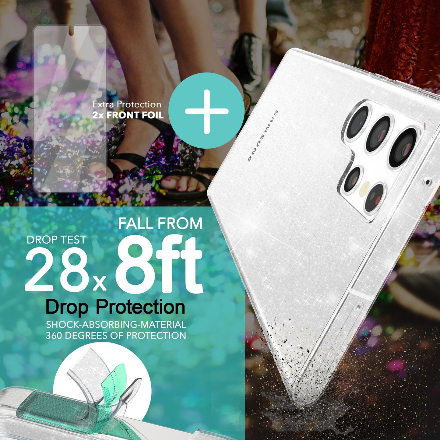 NALIA Glitzerhülle für Samsung Galaxy S23 Ultra – Funkelndes Silikon Case – DAZZLIN (Transparent & Stoßfest) – Marke aus Berlin