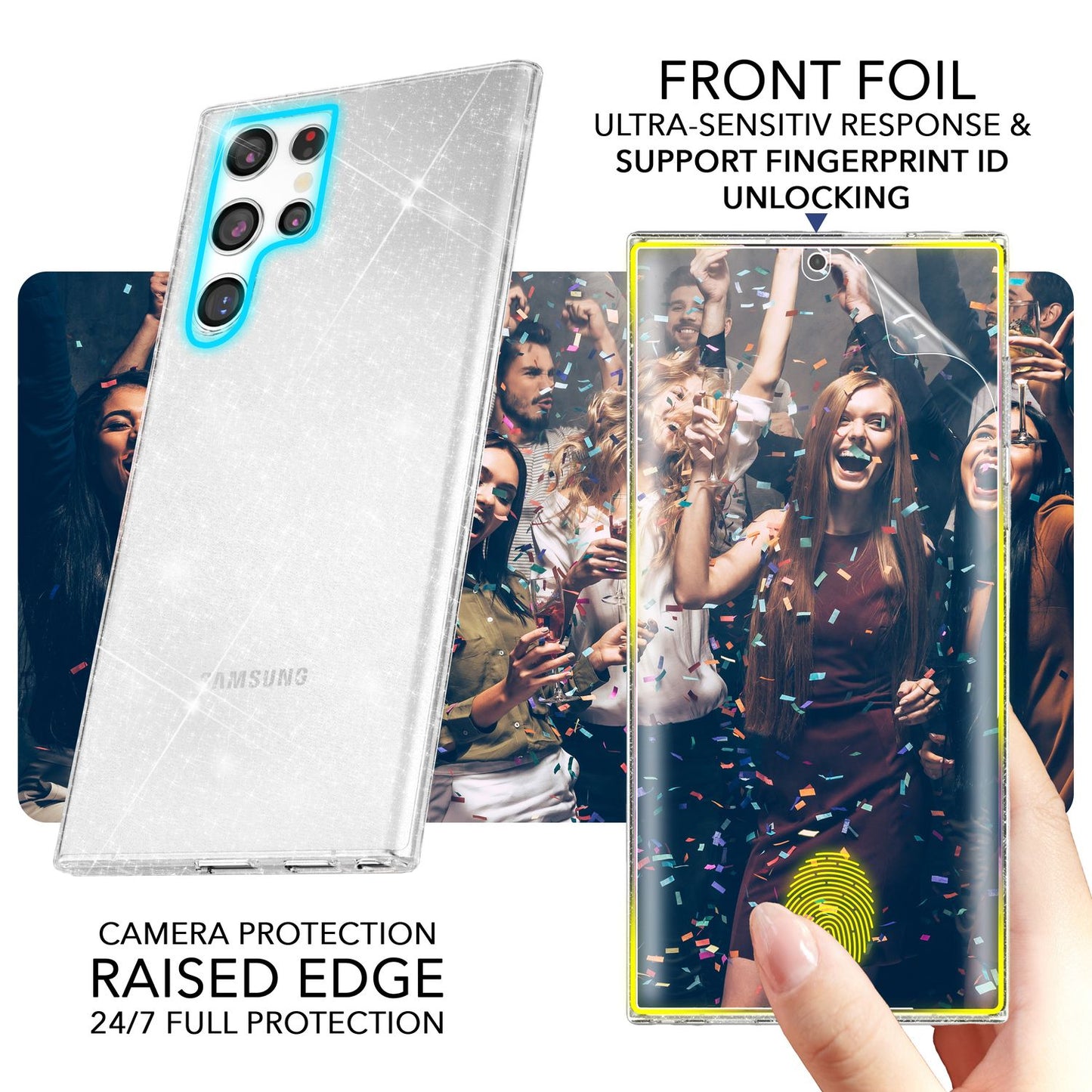NALIA Glitzerhülle für Samsung Galaxy S23 Ultra – Funkelndes Silikon Case – DAZZLIN (Transparent & Stoßfest) – Marke aus Berlin