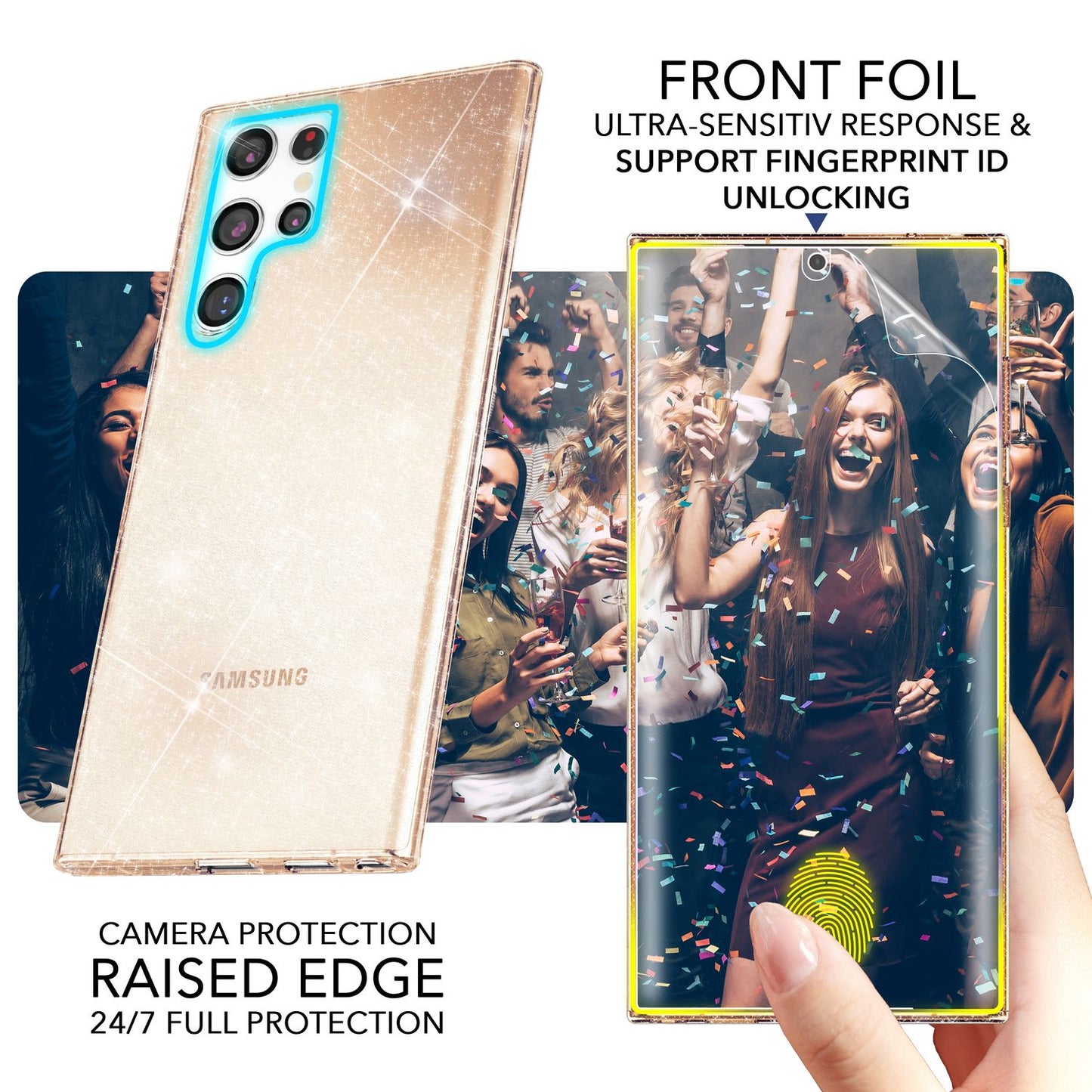 NALIA Glitzerhülle für Samsung Galaxy S23 Ultra – Funkelndes Silikon Case – DAZZLIN (Transparent & Stoßfest) – Marke aus Berlin