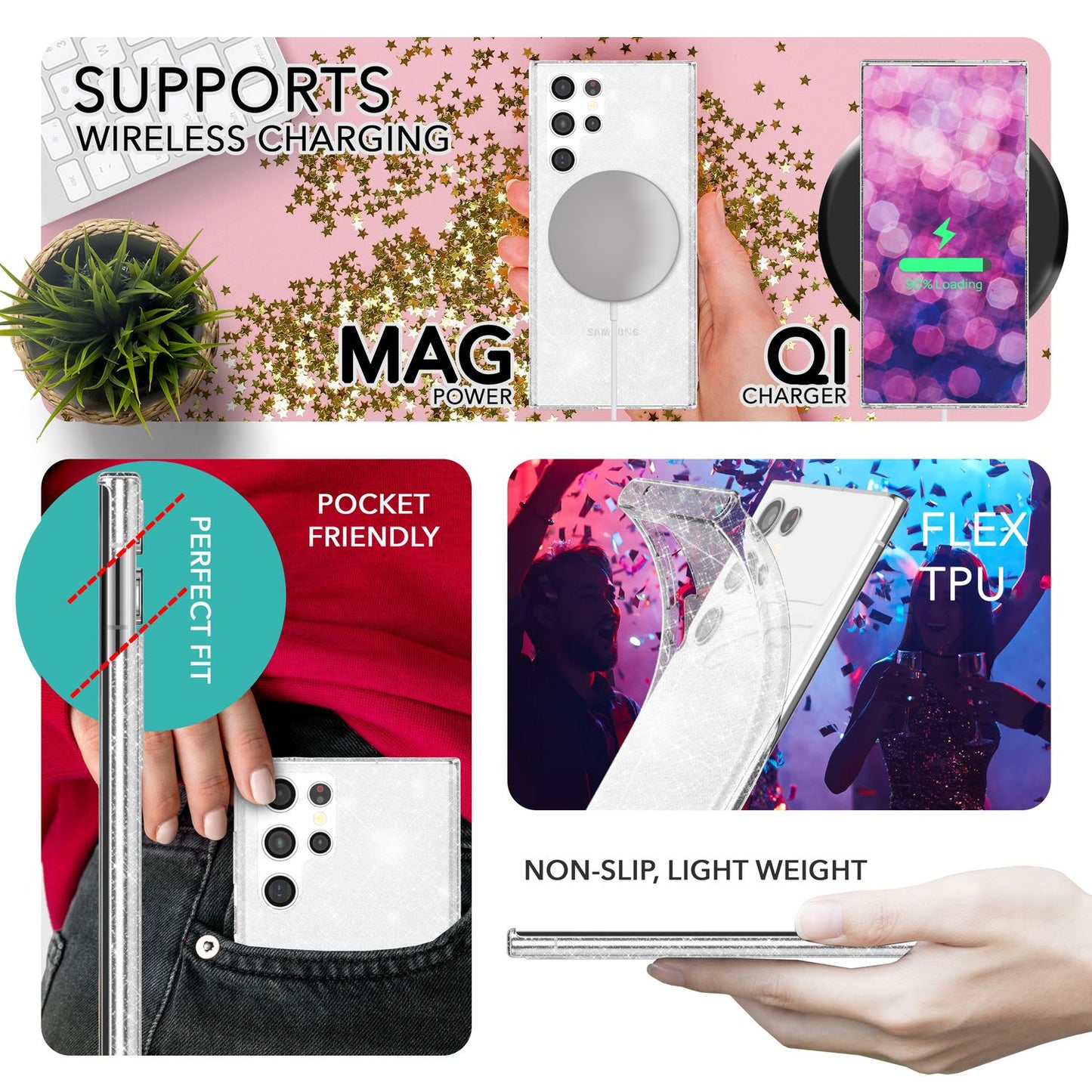NALIA Glitzerhülle für Samsung Galaxy S23 Ultra – Funkelndes Silikon Case – DAZZLIN (Transparent & Stoßfest) – Marke aus Berlin