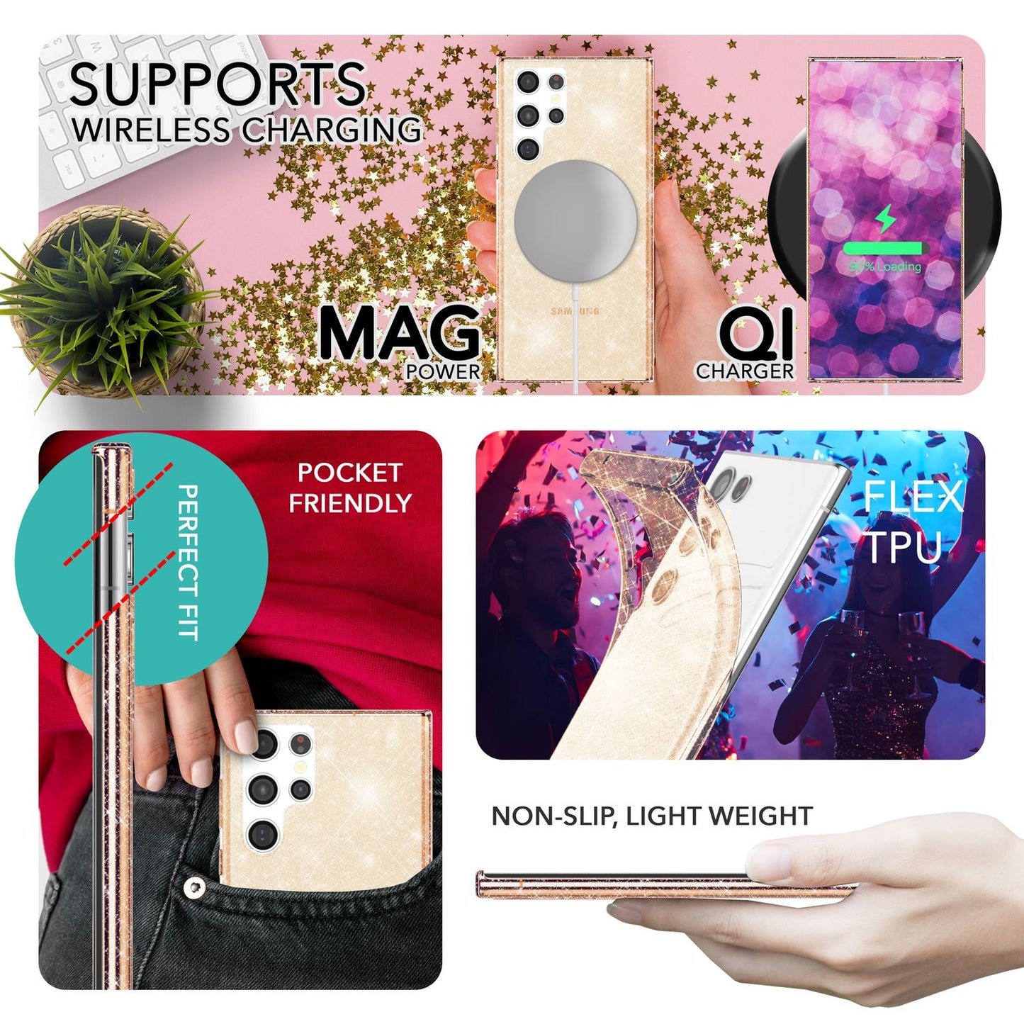 NALIA Glitzerhülle für Samsung Galaxy S23 Ultra – Funkelndes Silikon Case – DAZZLIN (Transparent & Stoßfest) – Marke aus Berlin