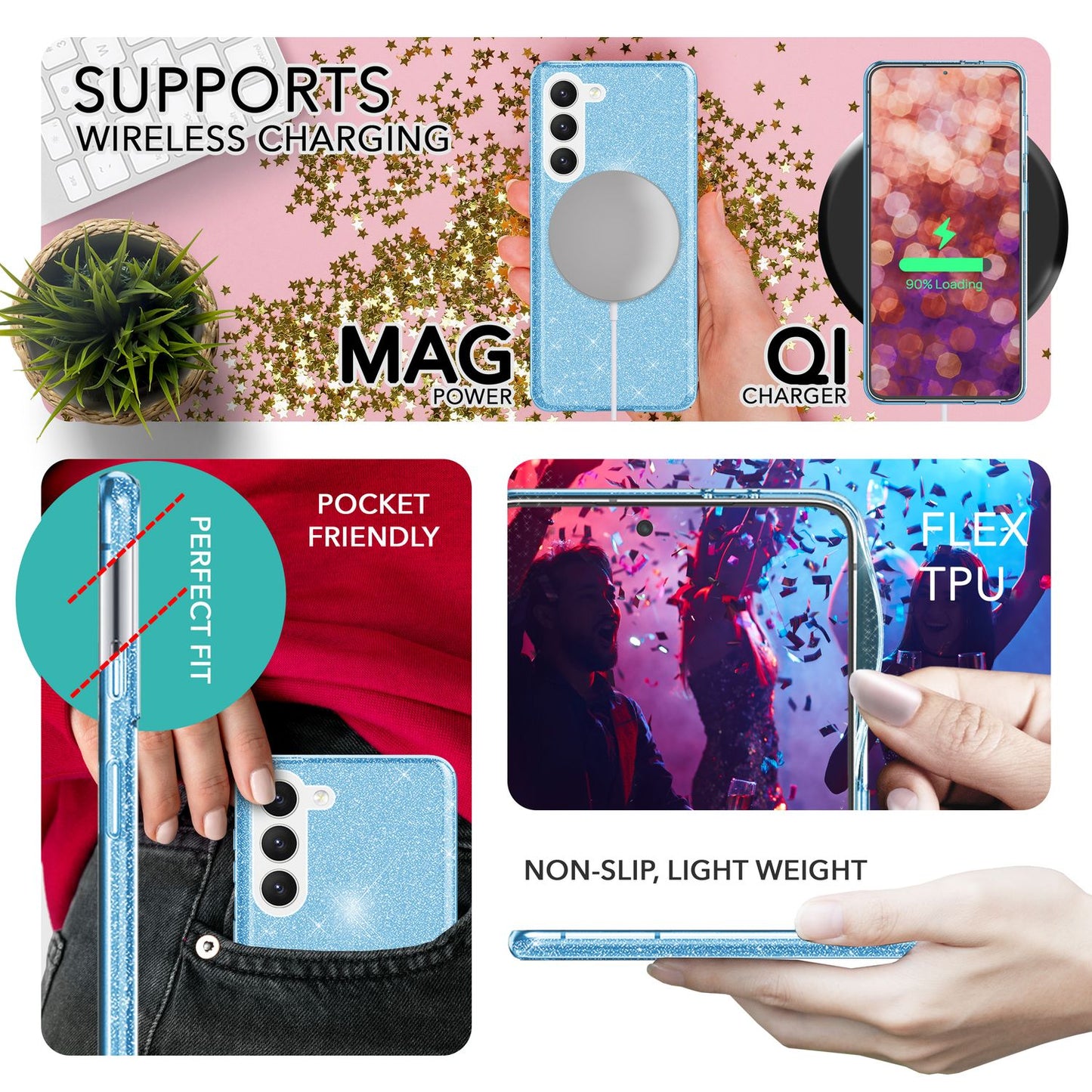 NALIA Glitzerhülle für Samsung Galaxy S23 Plus – Funkelnder Glitzer-Look & Grip – SHINEPOP (Silikon Case) – Marke aus Berlin