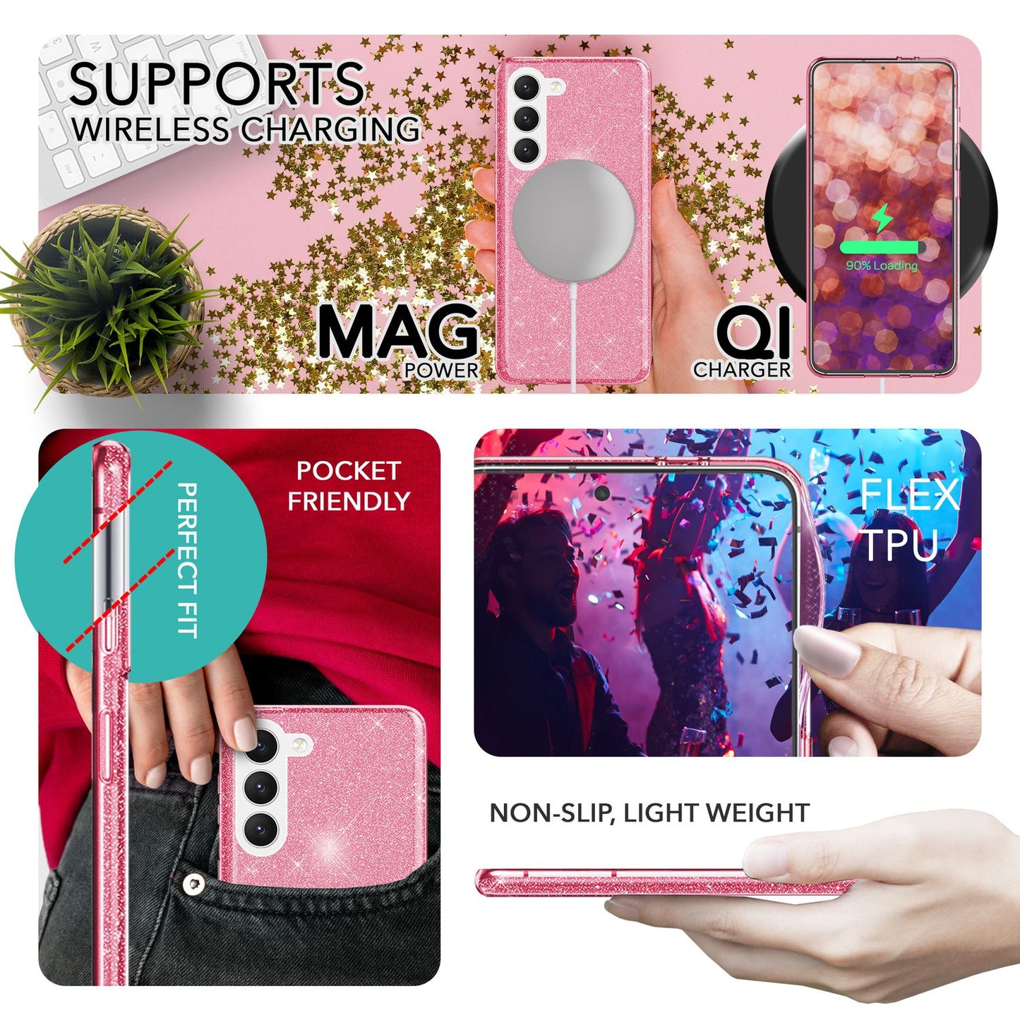 NALIA Glitzerhülle für Samsung Galaxy S23 Plus – Funkelnder Glitzer-Look & Grip – SHINEPOP (Silikon Case) – Marke aus Berlin